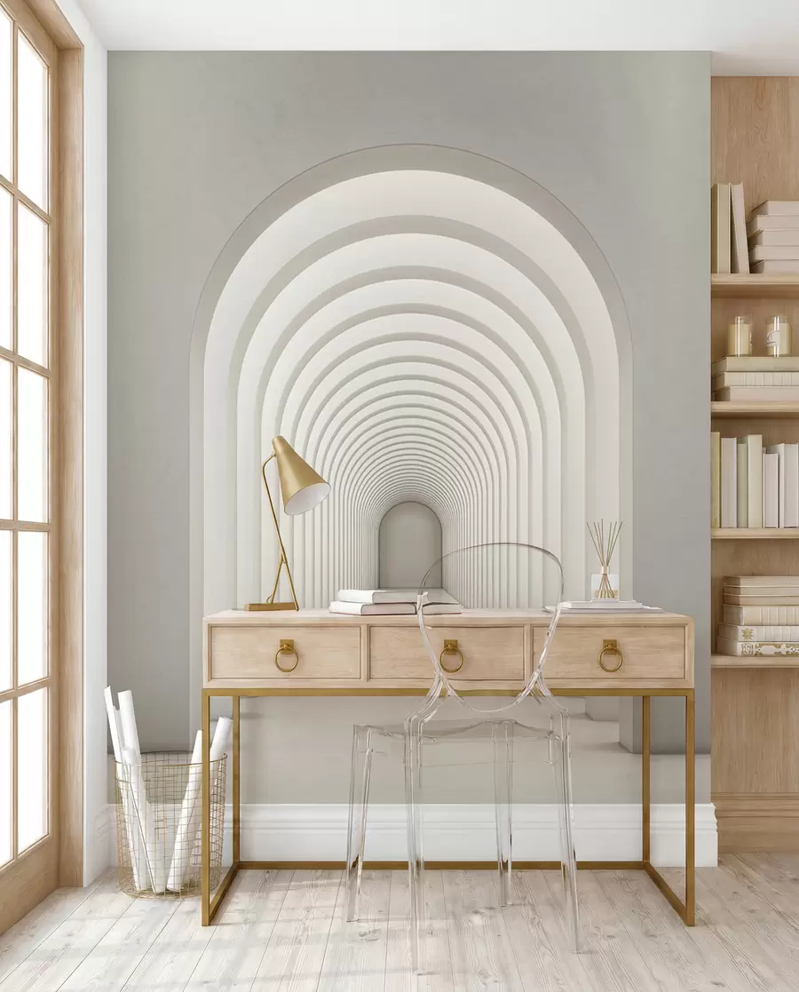 Papier peint Arche en béton blanc alignée sur une longue ligne avec lumière u96604