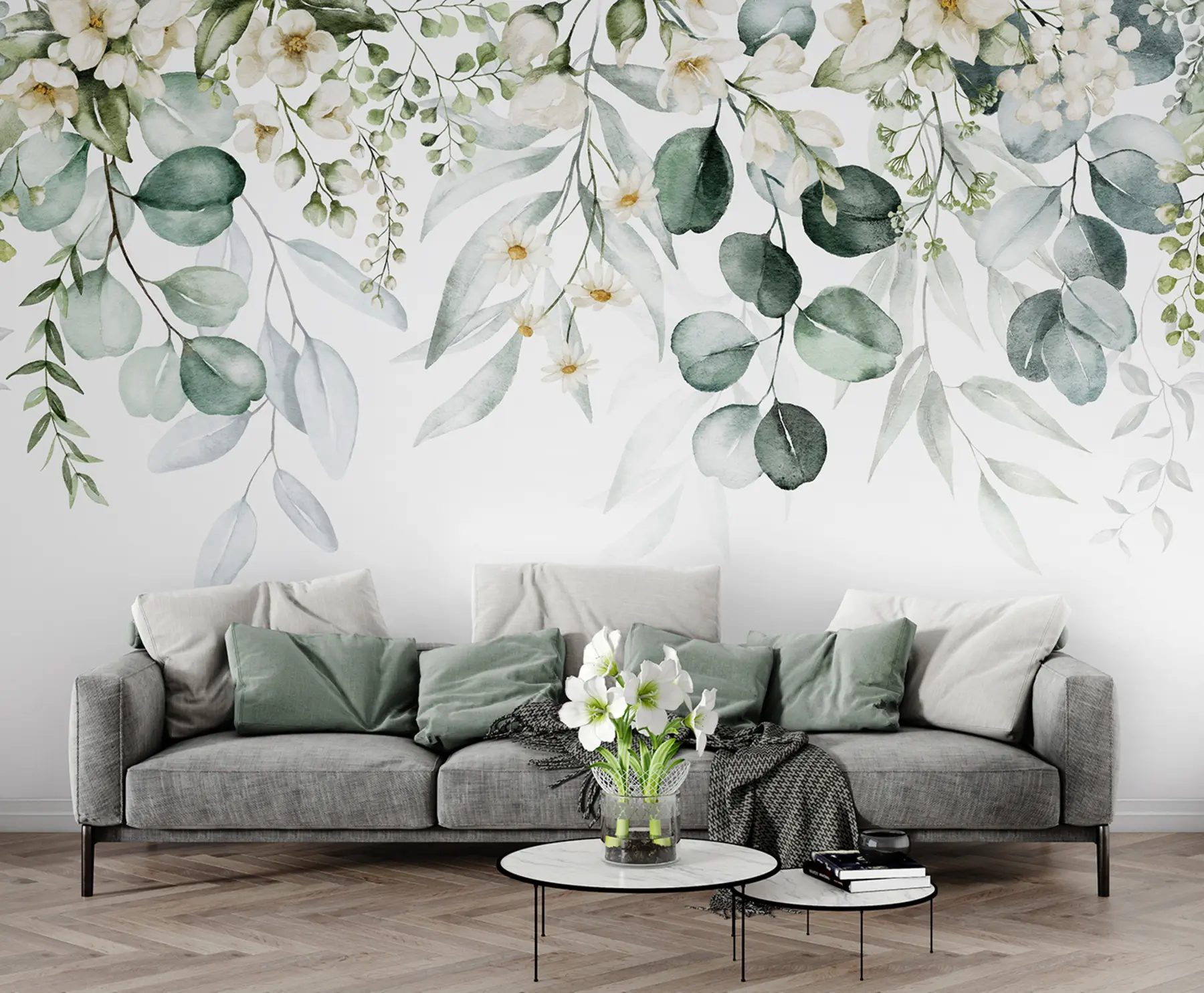 Papier peint Feuilles vertes aquarelles avec des fleurs u96336