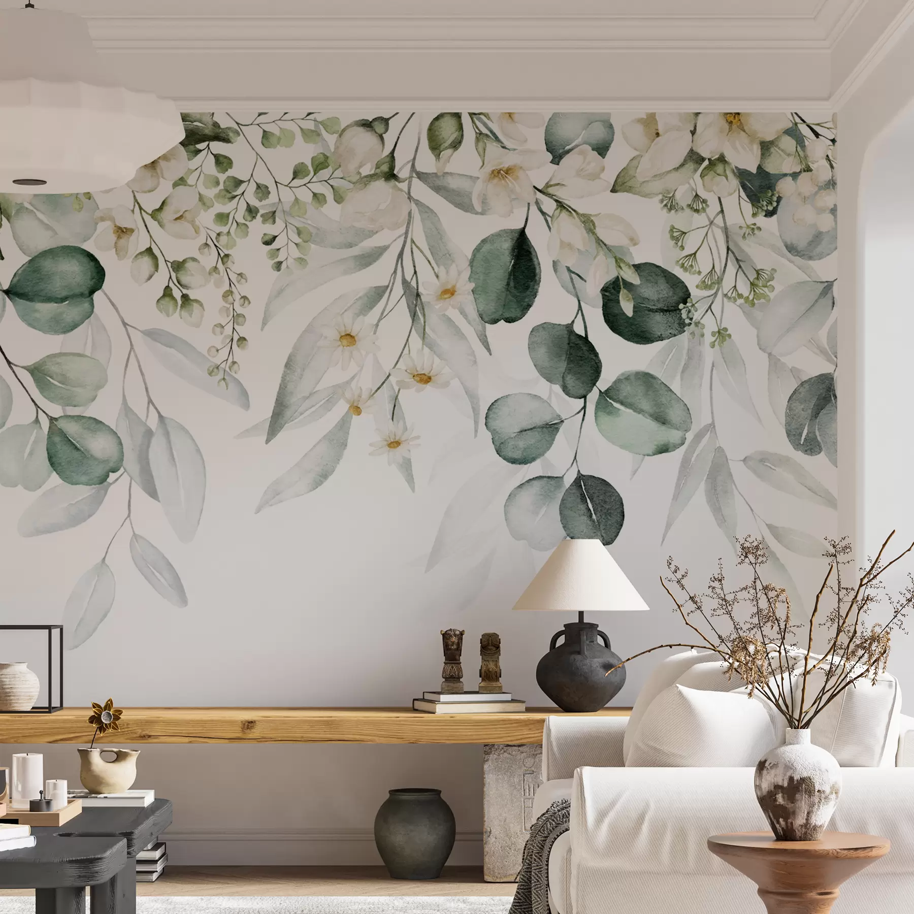 Papier peint Feuilles vertes aquarelles avec des fleurs u96336