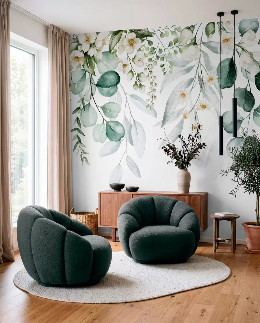 Papier peint Feuilles vertes aquarelles avec des fleurs u96336