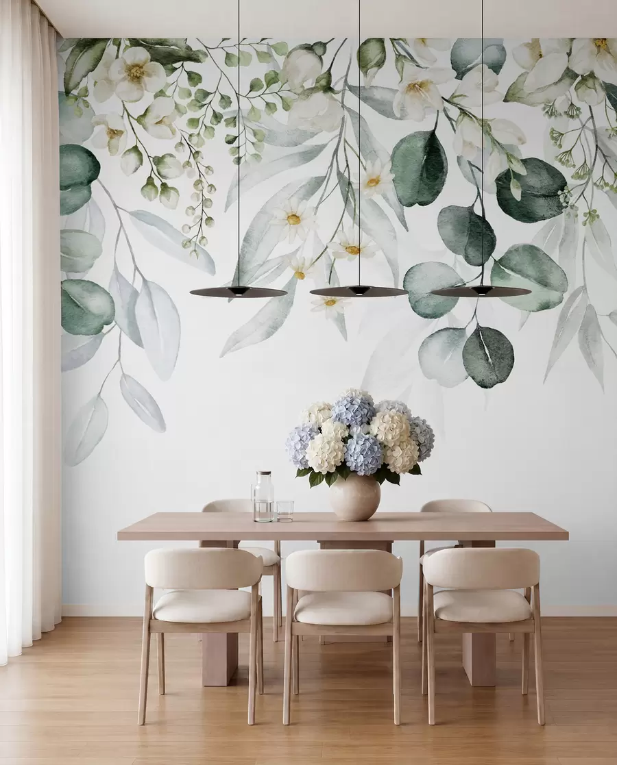 Papier peint Feuilles vertes aquarelles avec des fleurs u96336