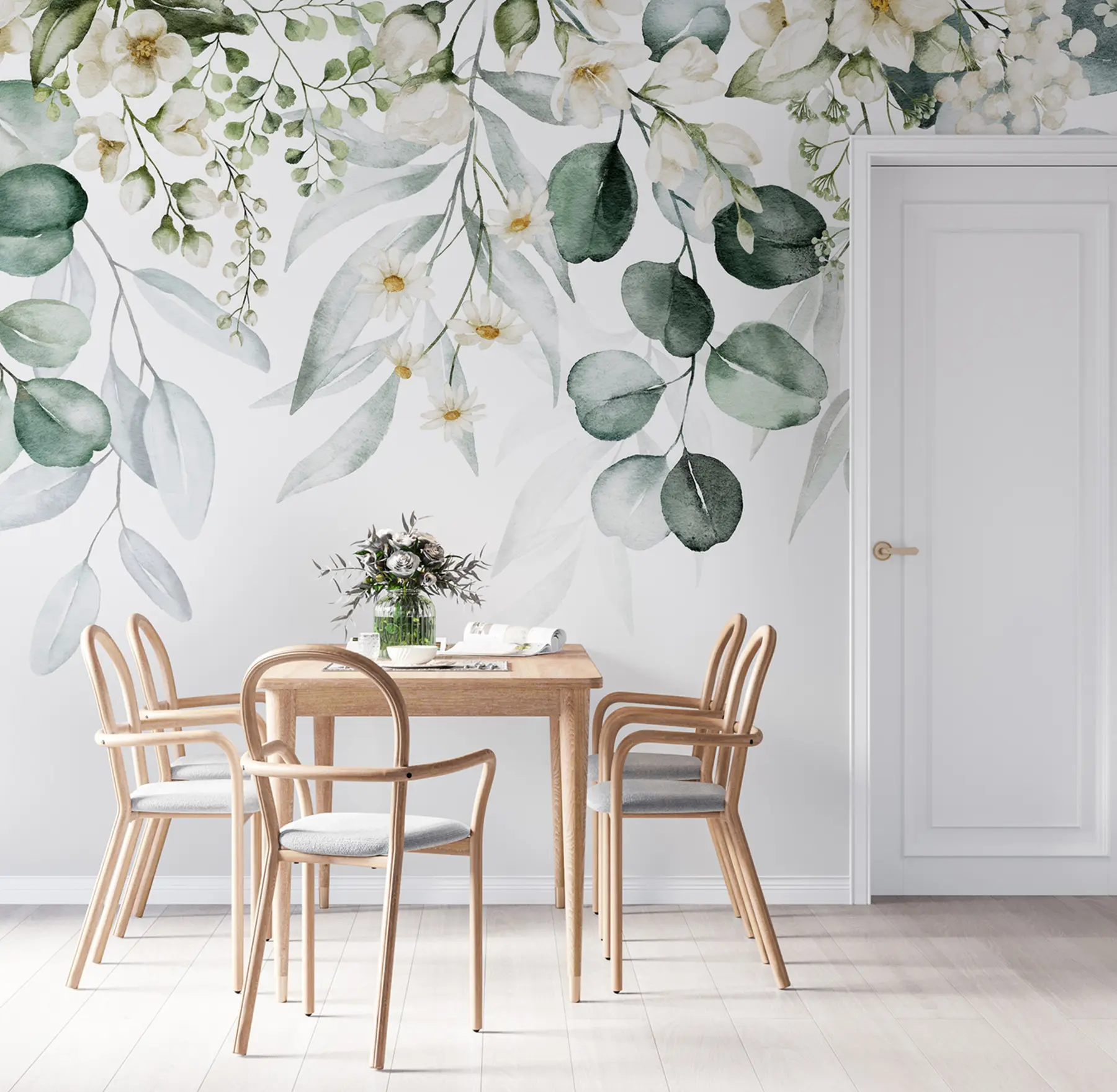 Papier peint Feuilles vertes aquarelles avec des fleurs u96336