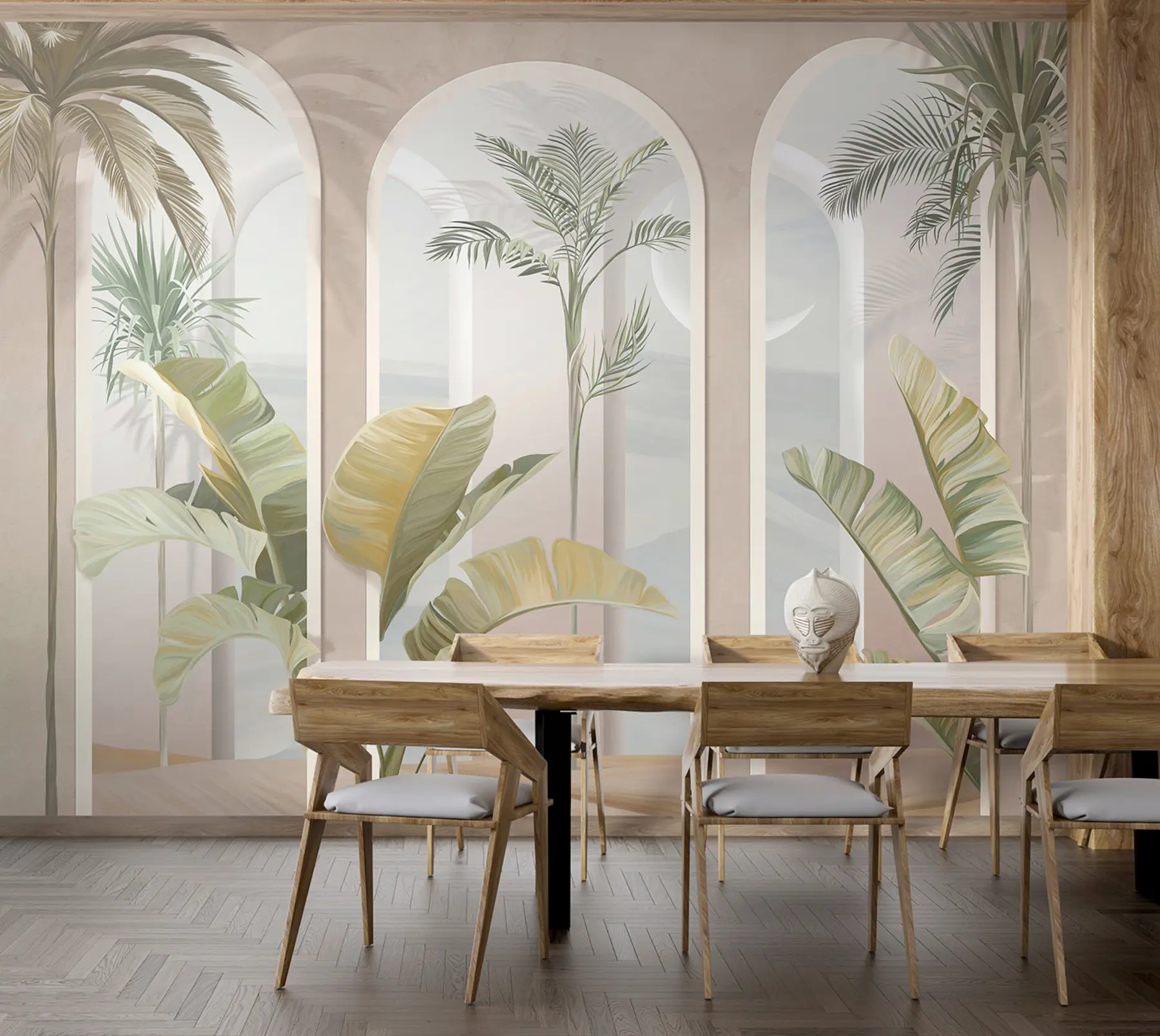 Papier peint Feuilles 3D tropicales avec palmiers et colonnes u96402