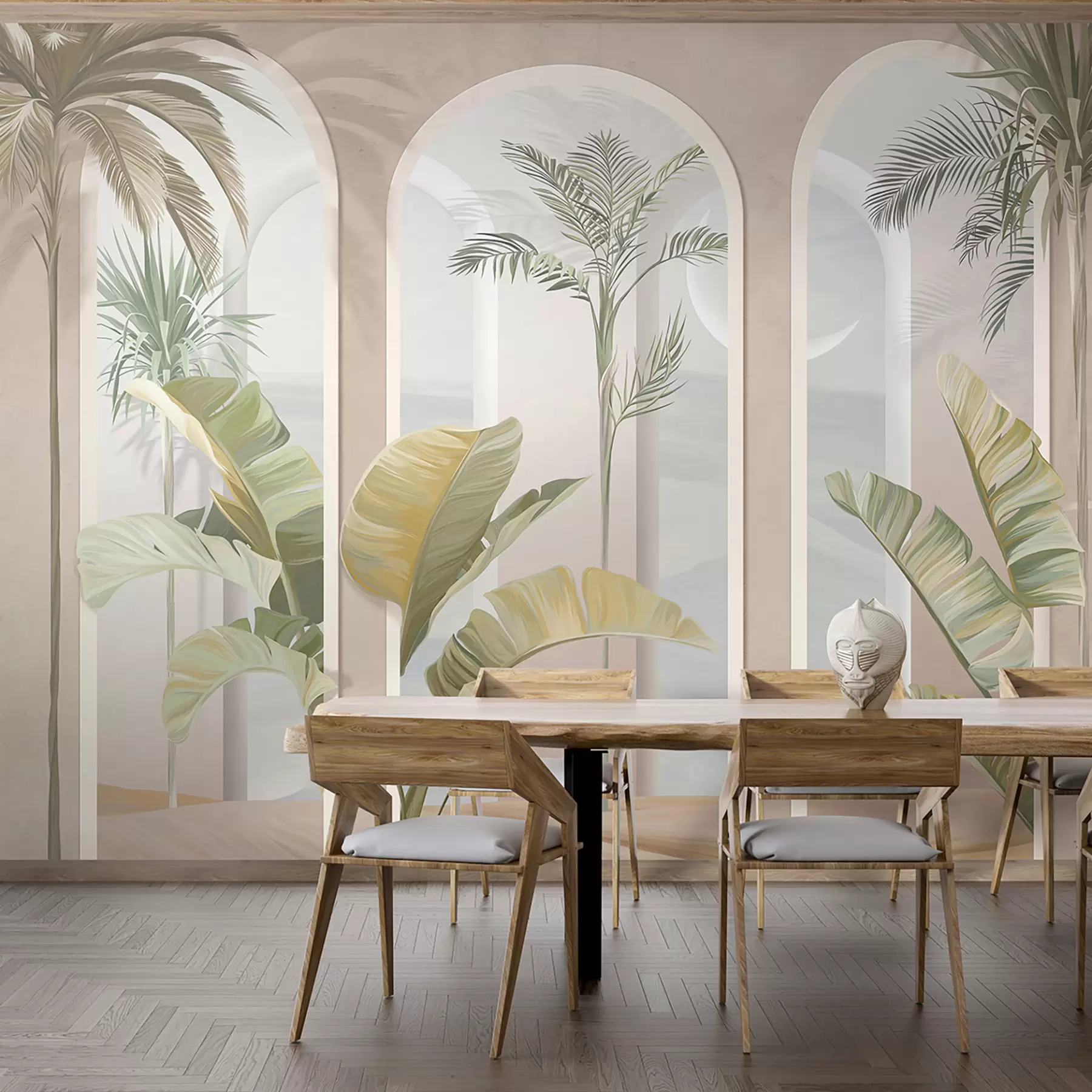 Papier peint Feuilles 3D tropicales avec palmiers et colonnes u96402