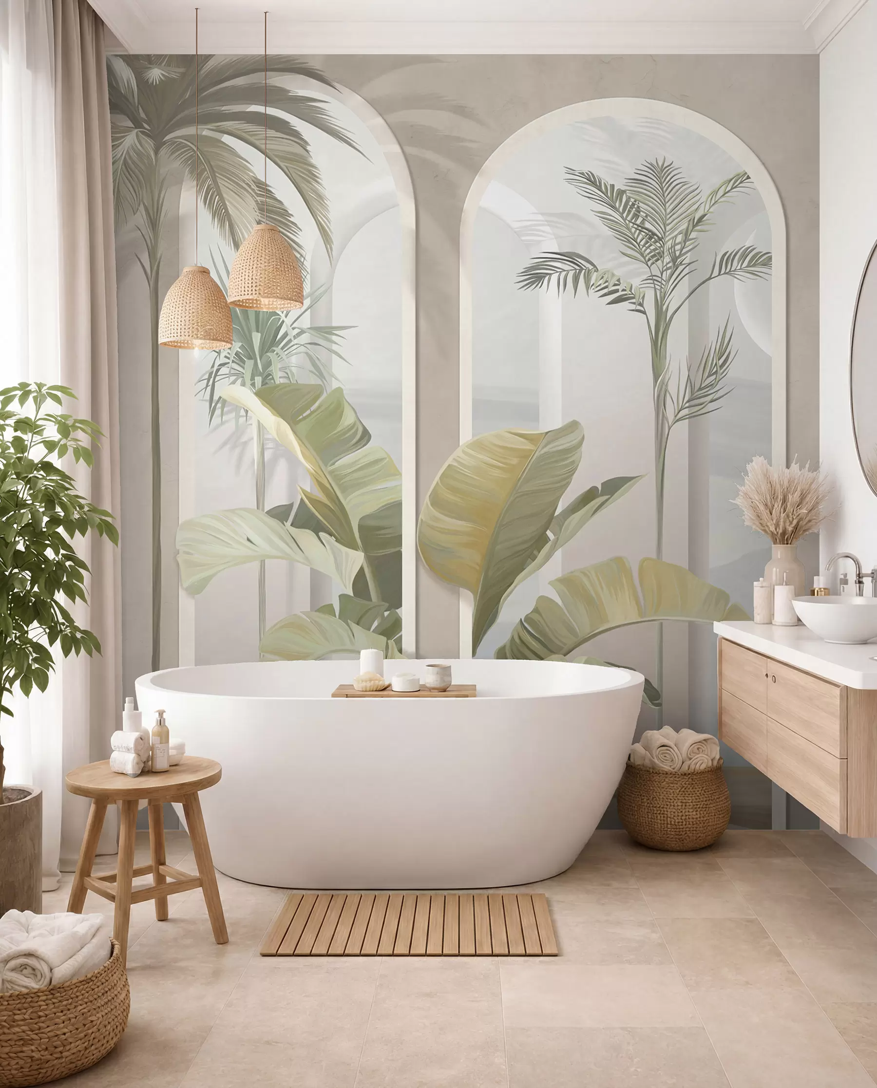 Papier peint Feuilles 3D tropicales avec palmiers et colonnes u96402