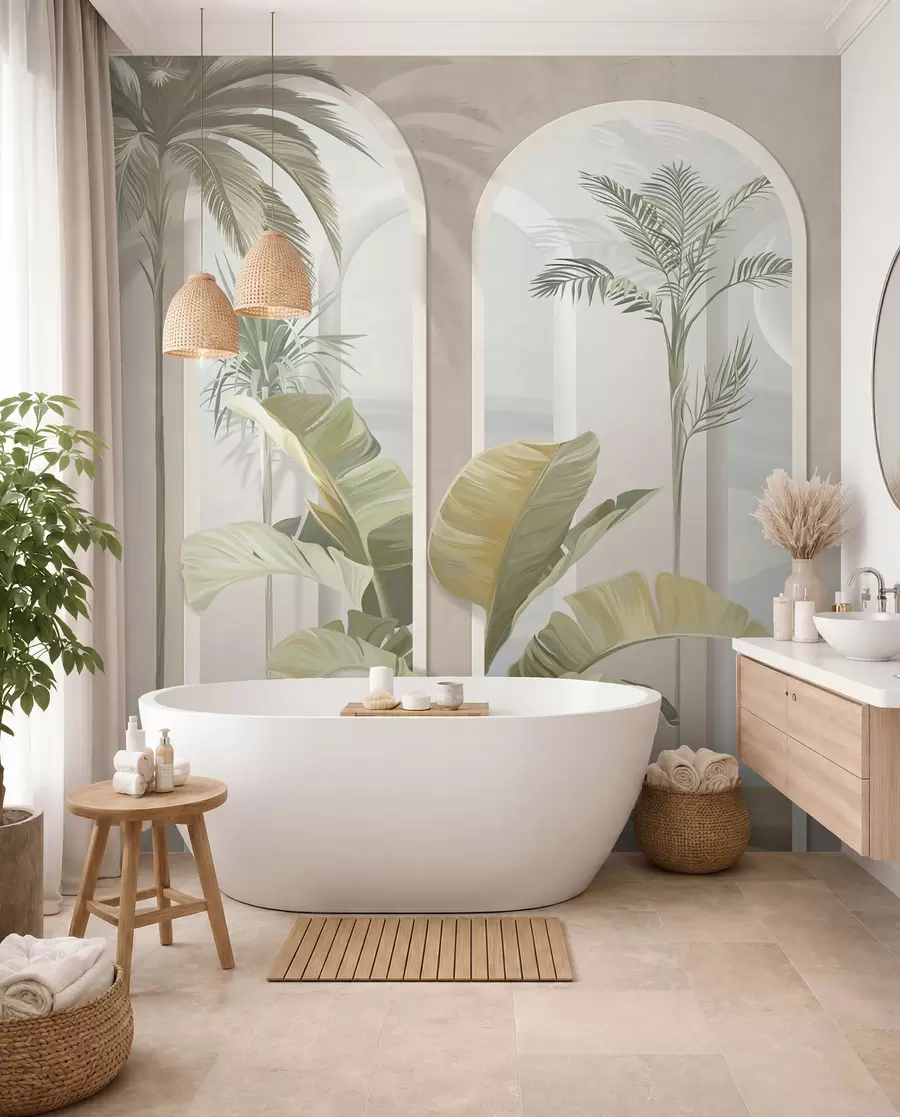 Papier peint Feuilles 3D tropicales avec palmiers et colonnes u96402
