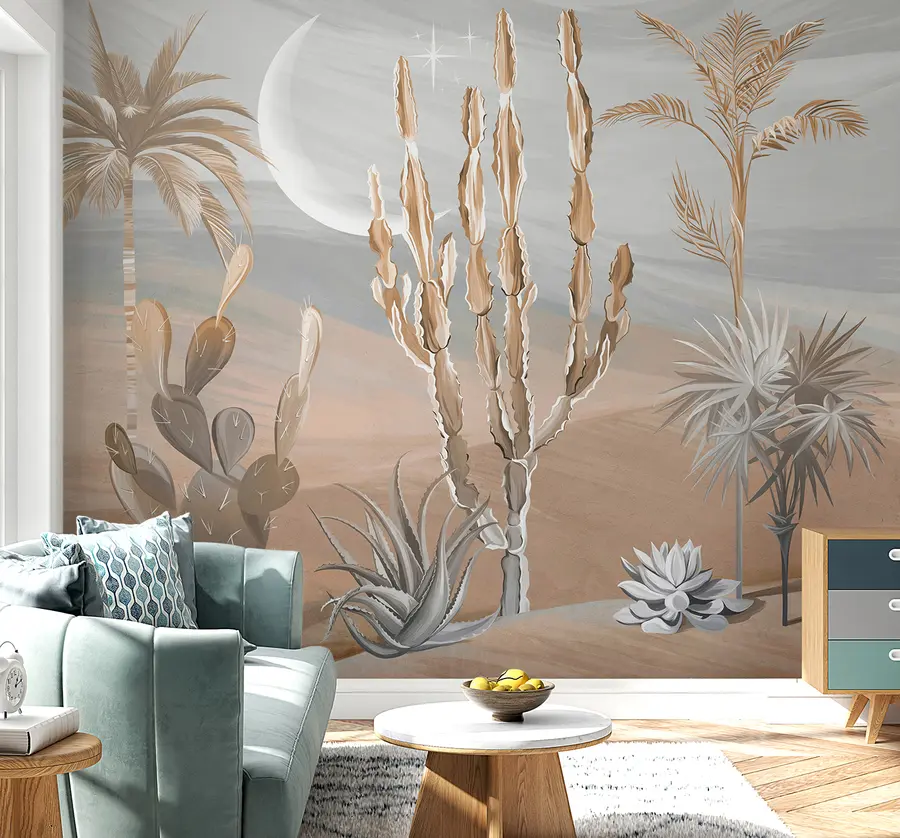 Papier peint Désert 3D avec cactus et feuilles tropicales u96444
