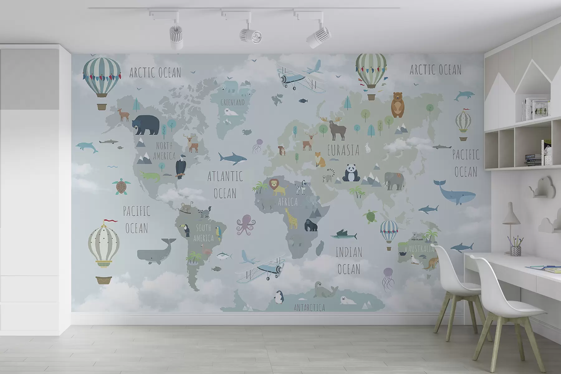 Papier peint Carte du monde avec animaux et ballons u96447