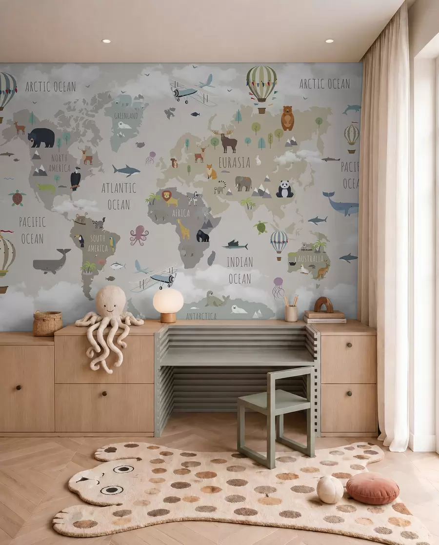 Papier peint Carte du monde avec animaux et ballons u96461