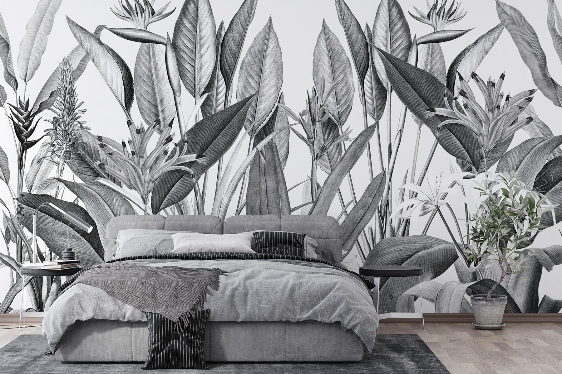 Papier peint Plantes de la jungle tropicale couleur noir et blanc nr