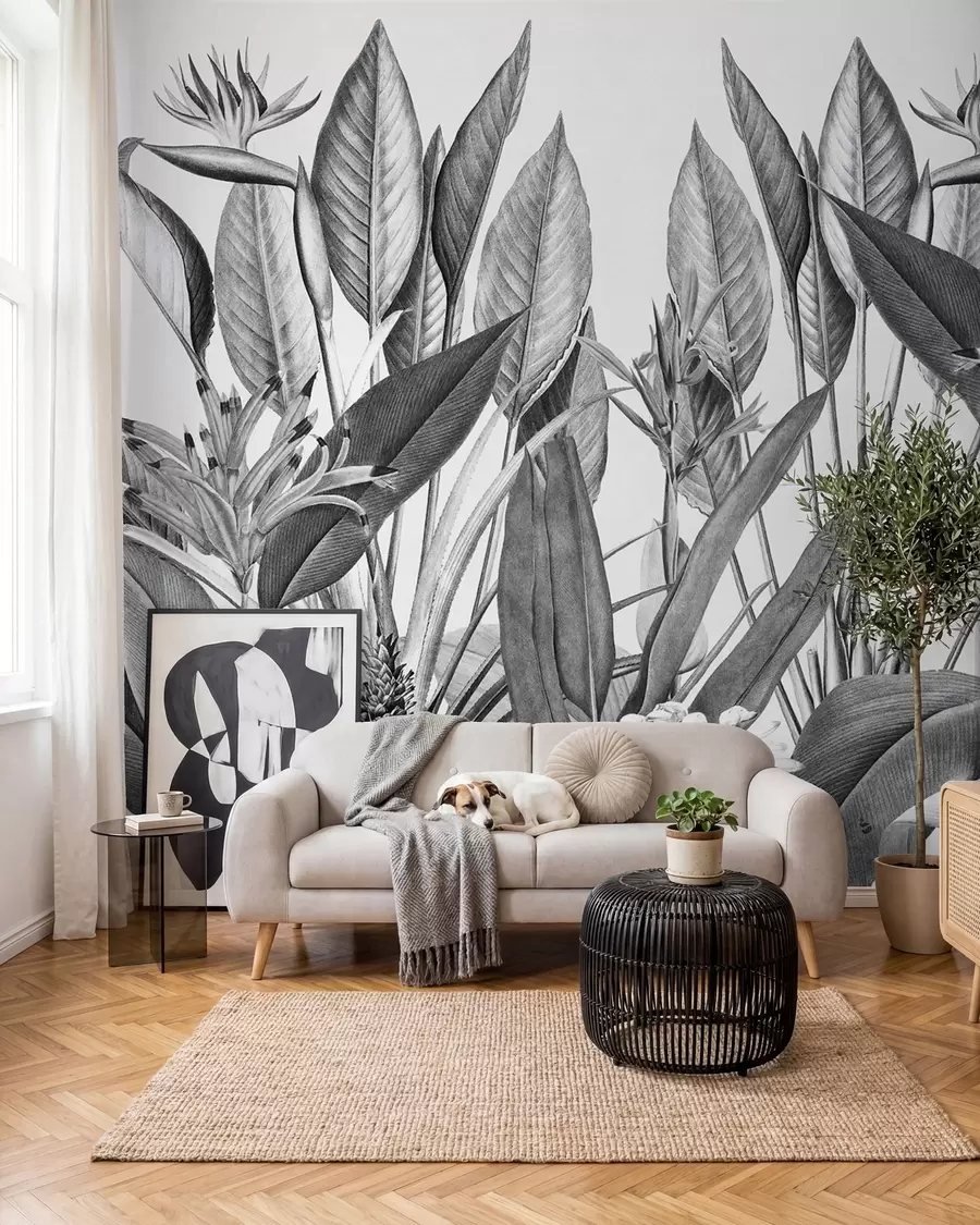 Papier peint Plantes de la jungle tropicale couleur noir et blanc u96833