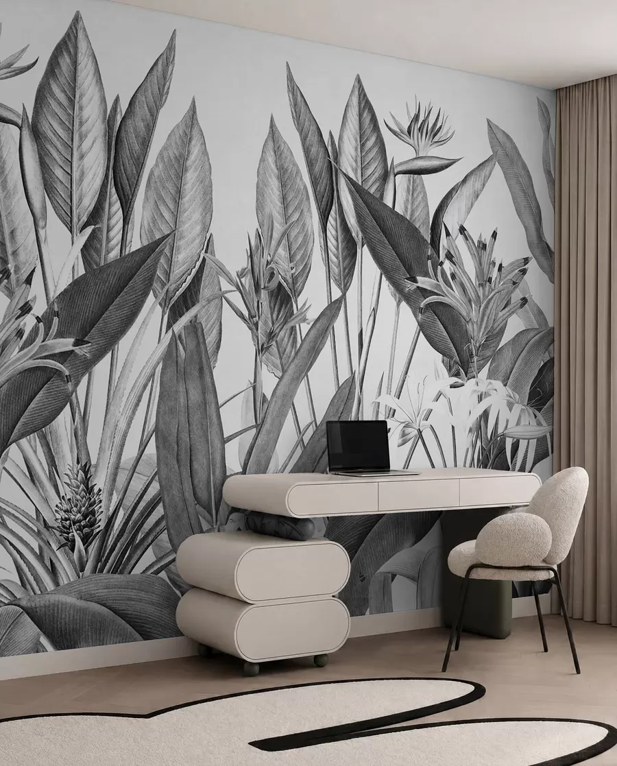 Papier peint Plantes de la jungle tropicale couleur noir et blanc u96833