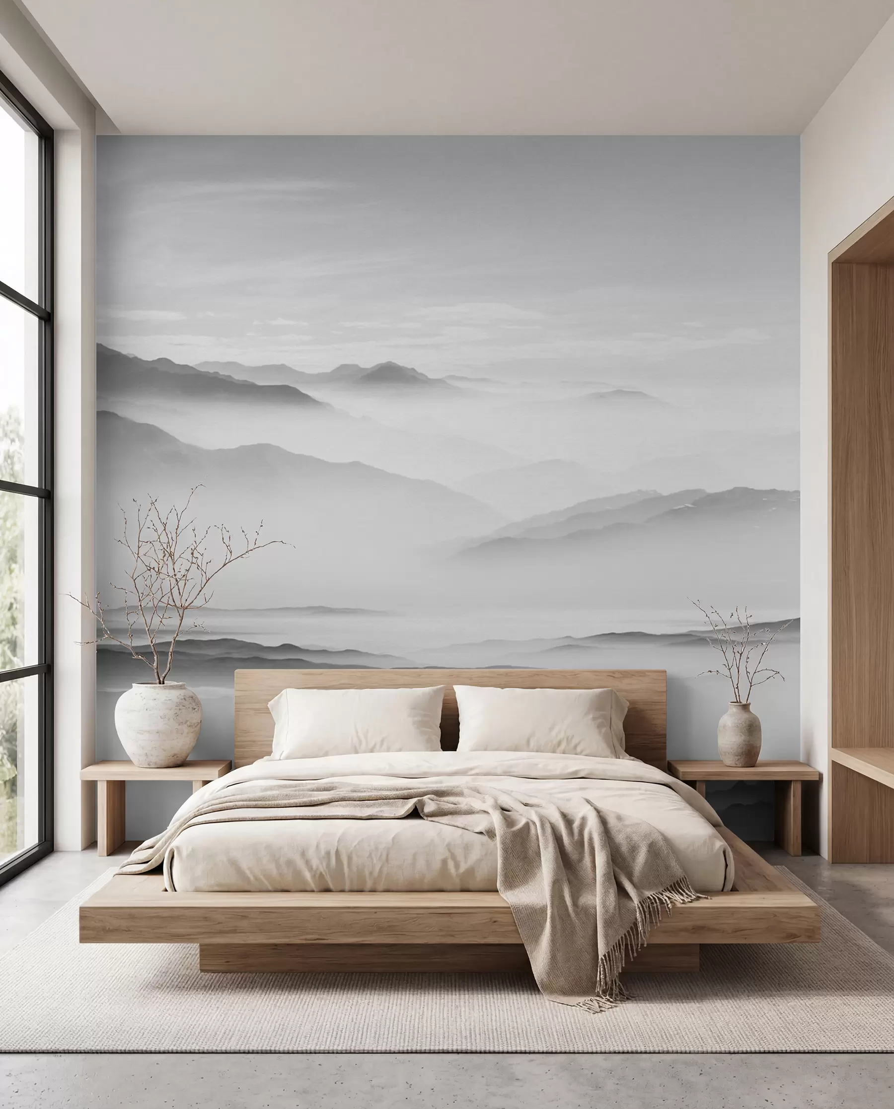 Papier peint Vue sur les montagnes grises dans le brouillard minimalisme monochrome u96922
