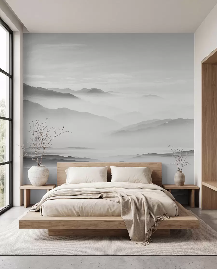Papier peint Vue sur les montagnes grises dans le brouillard minimalisme monochrome u96922