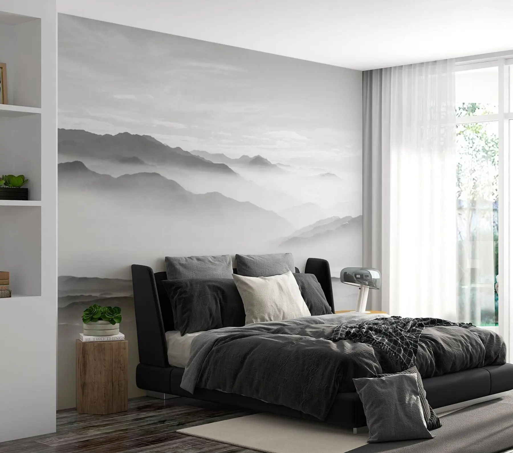 Papier peint Vue sur les montagnes grises dans le brouillard minimalisme monochrome u96922