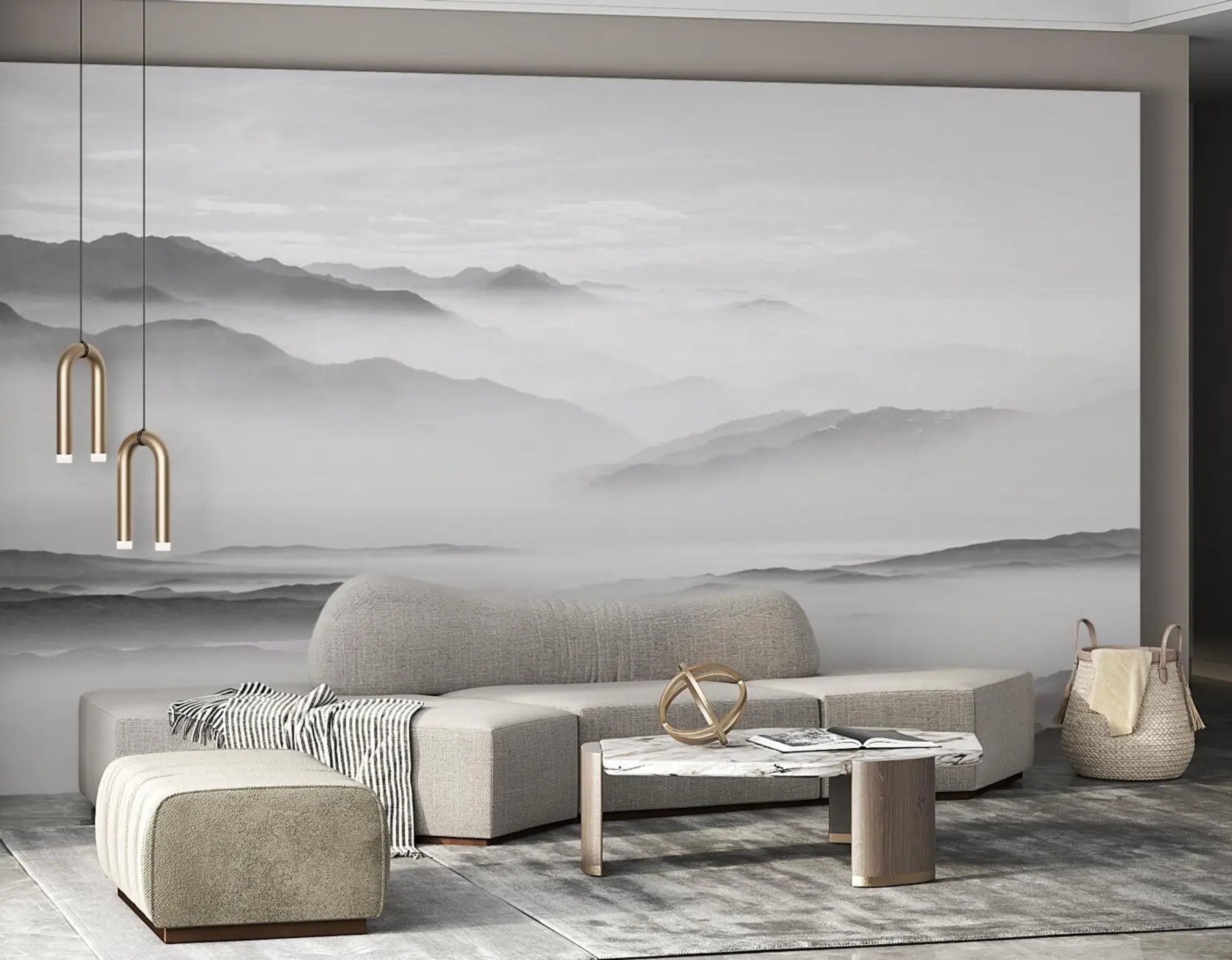 Papier peint Vue sur les montagnes grises dans le brouillard minimalisme monochrome u96922