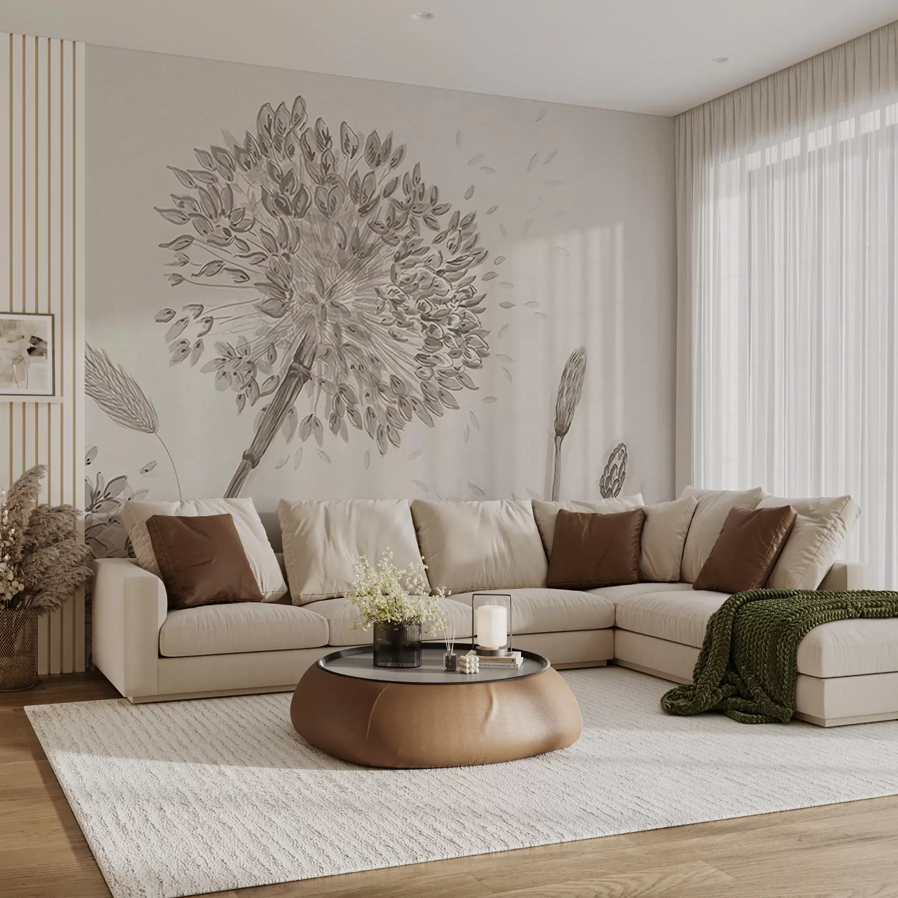 Papier peint Grandes fleurs de prairie de pissenlits style monochrome loft minimalisme u96934