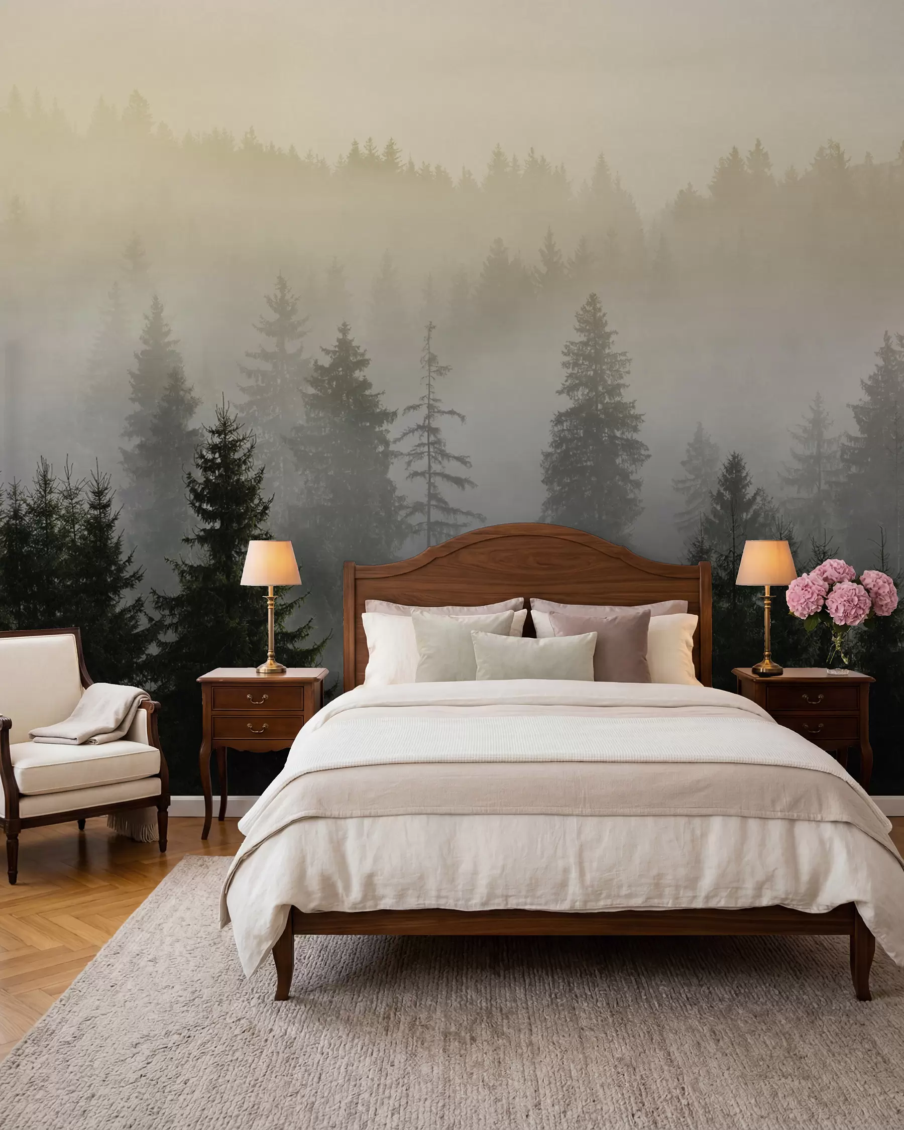 Papier peint Forêt profonde en brume dorée u96999