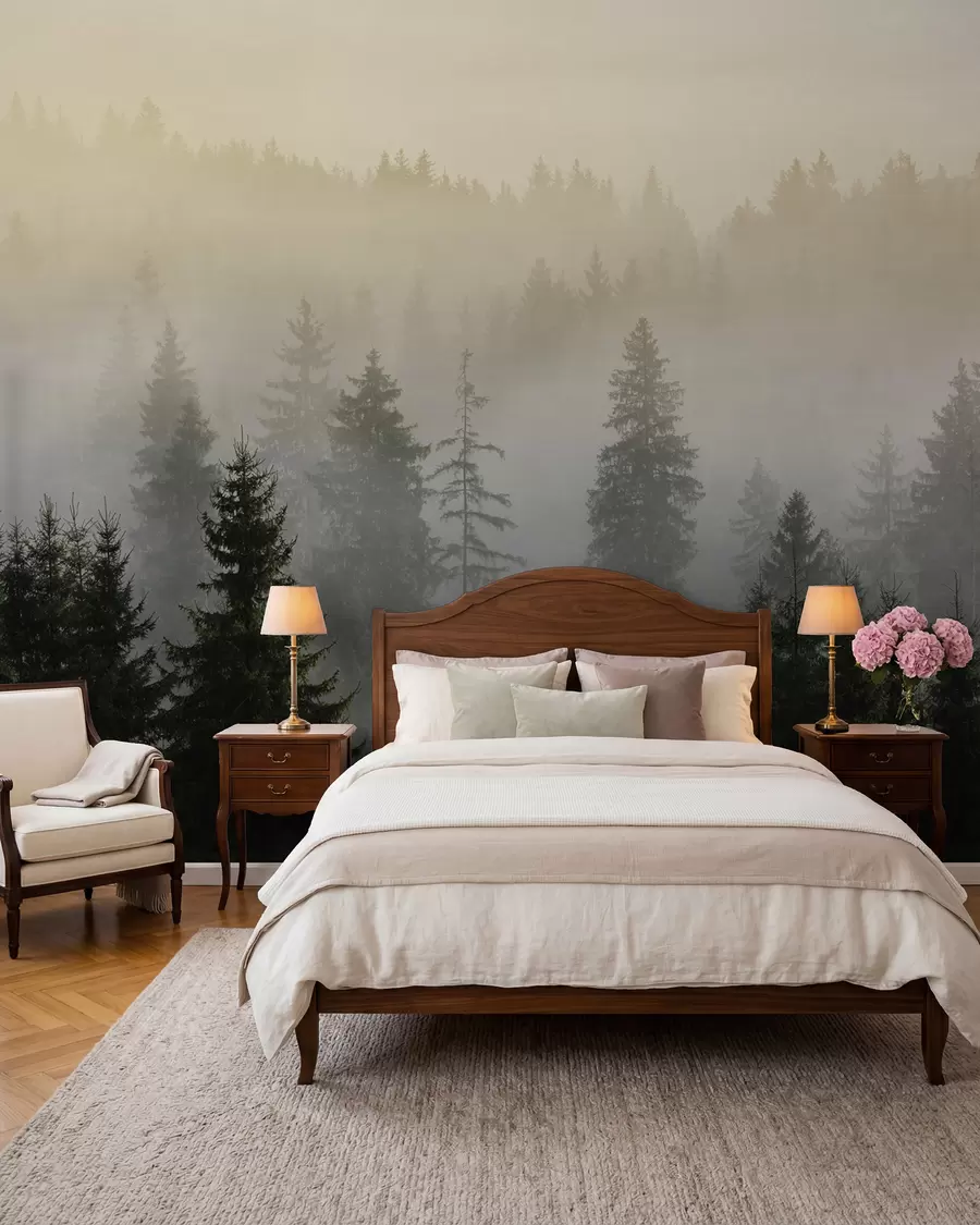 Papier peint Silhouette d'une épinette sombre entourée de brouillard u96999