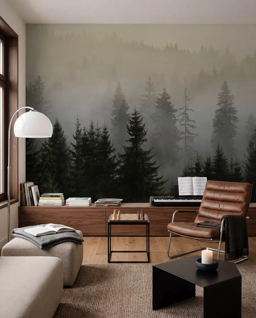 Papier peint Silhouette d'une épinette sombre entourée de brouillard u96999