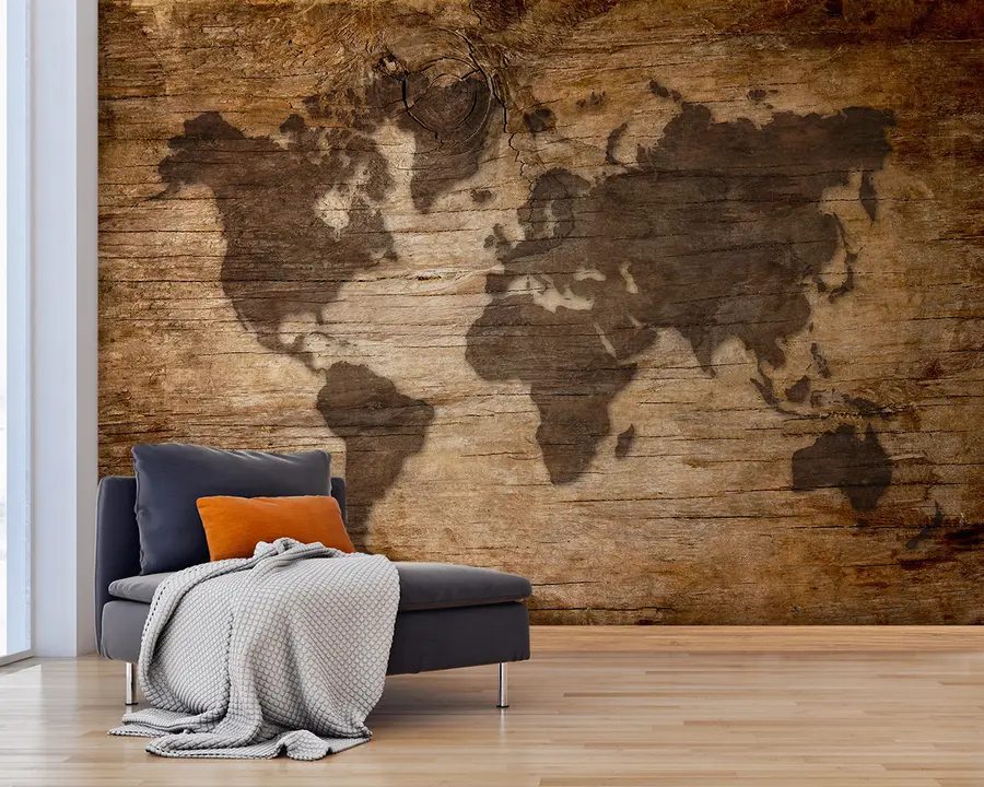 Papier peint Carte du monde sur fond de bois u96820