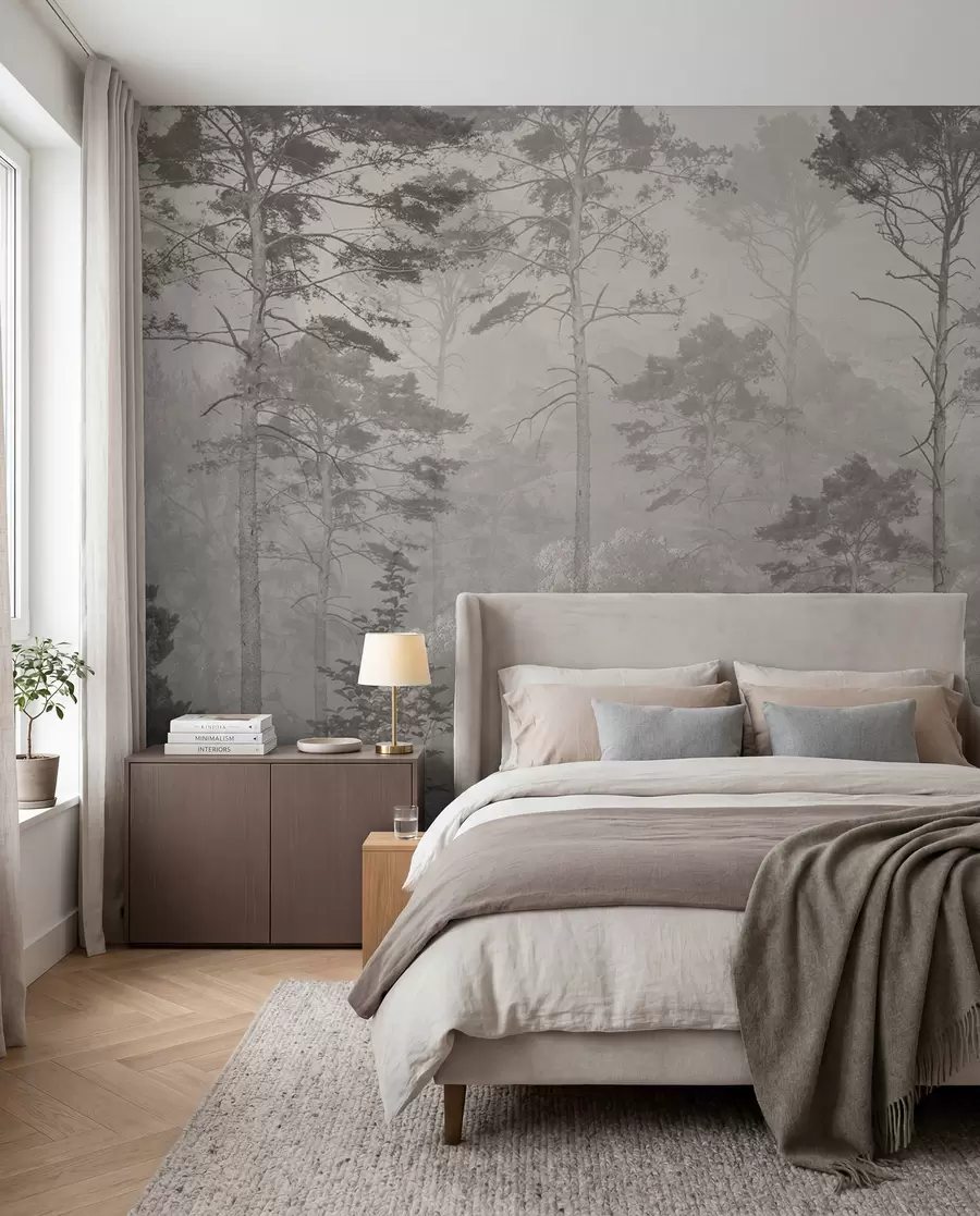 Papier peint Grands arbres sur les collines, forêt dans le brouillard u97190
