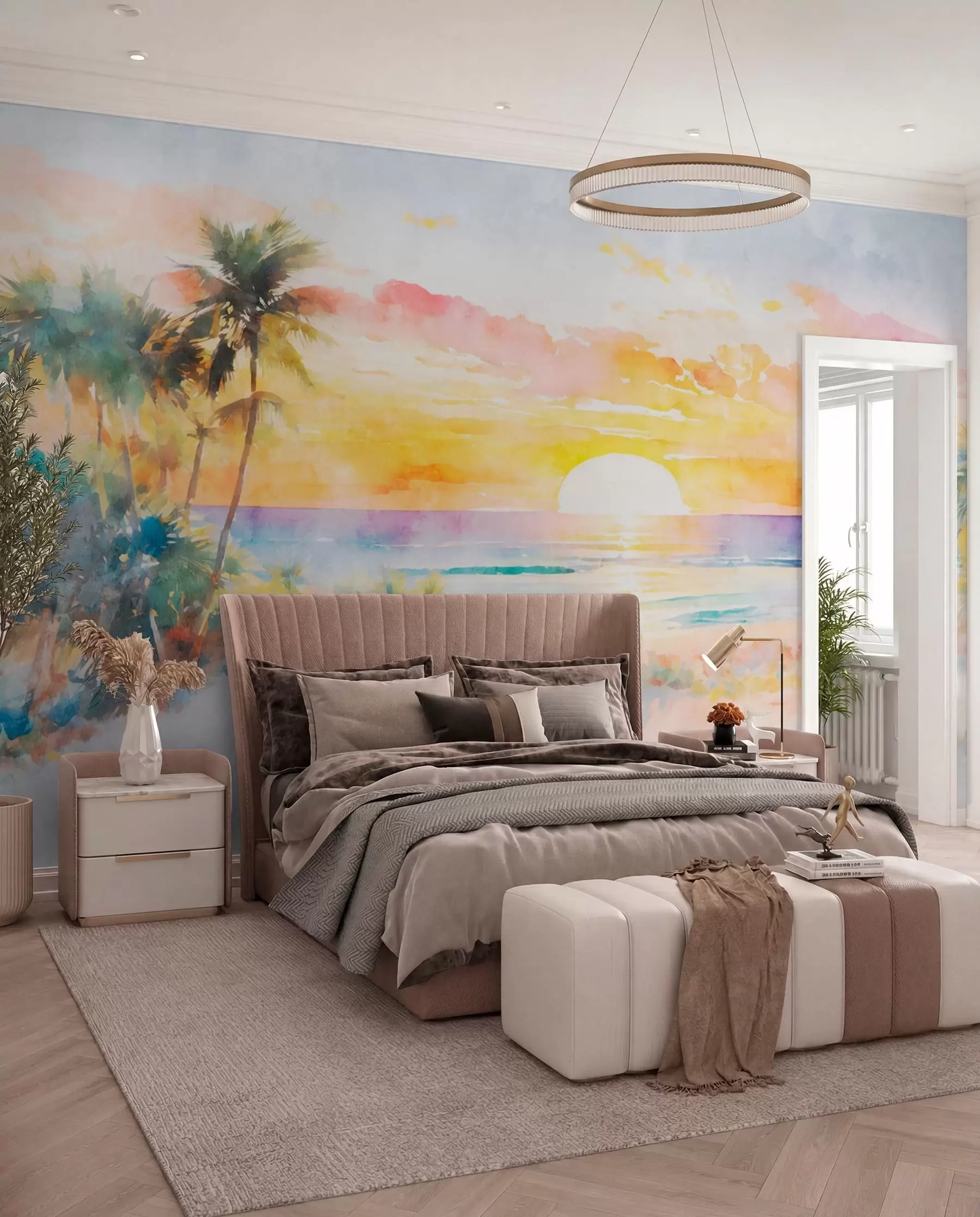 Papier peint Palmiers et coucher de soleil sur la plage u97312