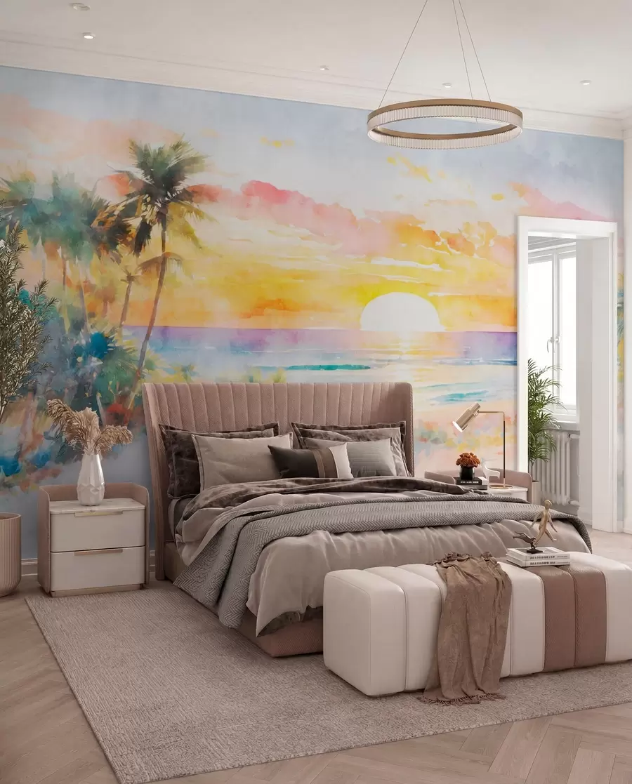 Papier peint Palmiers et coucher de soleil sur la plage u97312