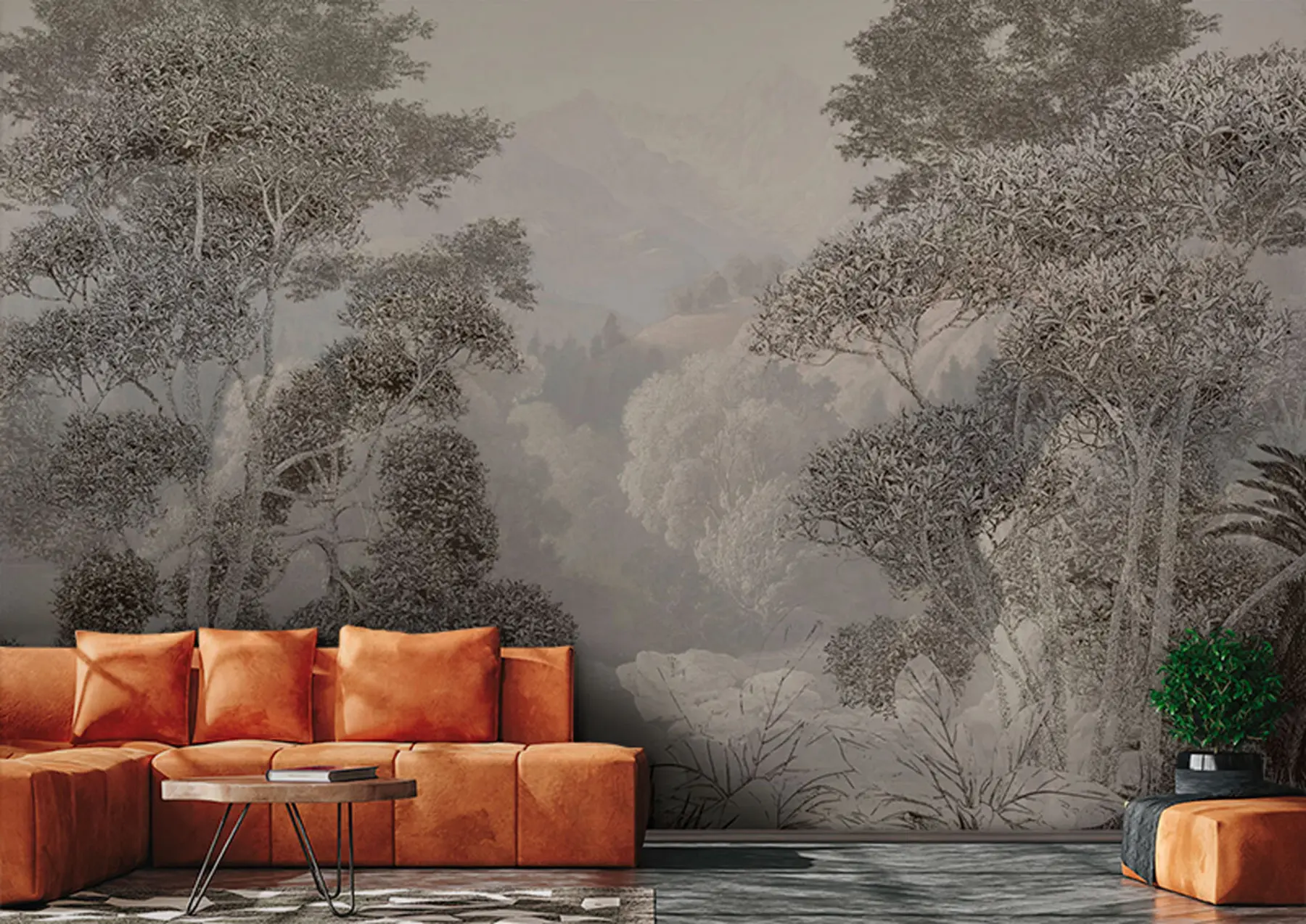 Papier peint Forêt tropicale en nuances de gris u97396