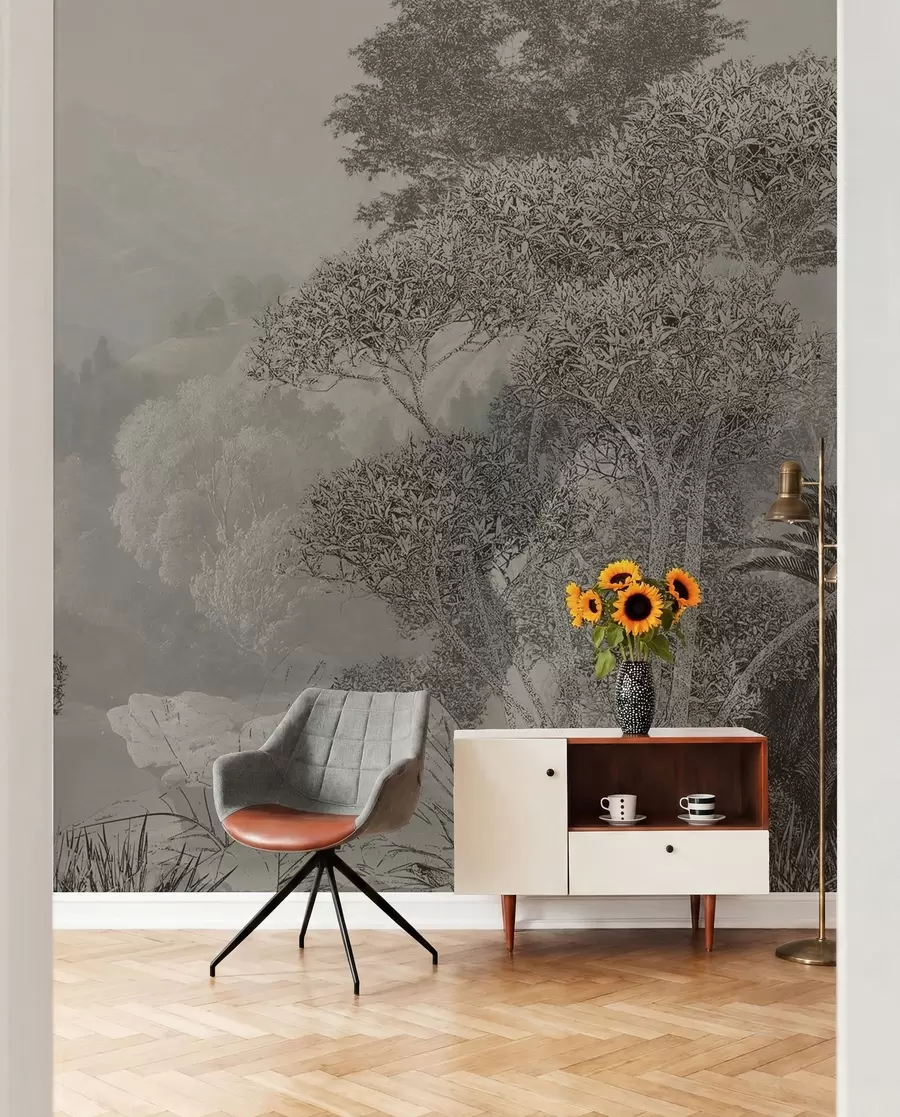Papier peint Forêt tropicale en nuances de gris u97396