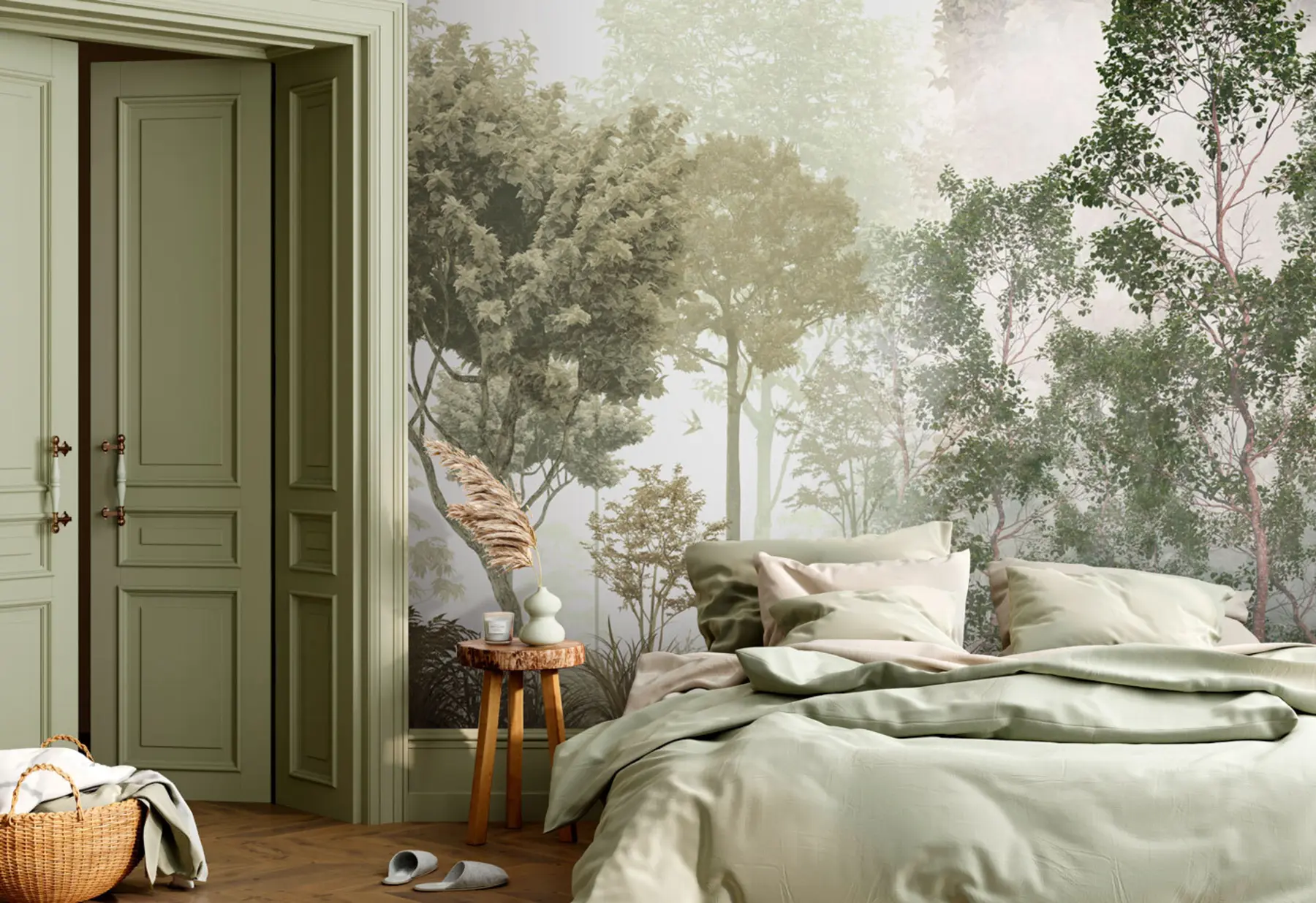 Papier peint Arbres tropicaux et feuilles dans une forêt brumeuse u97402