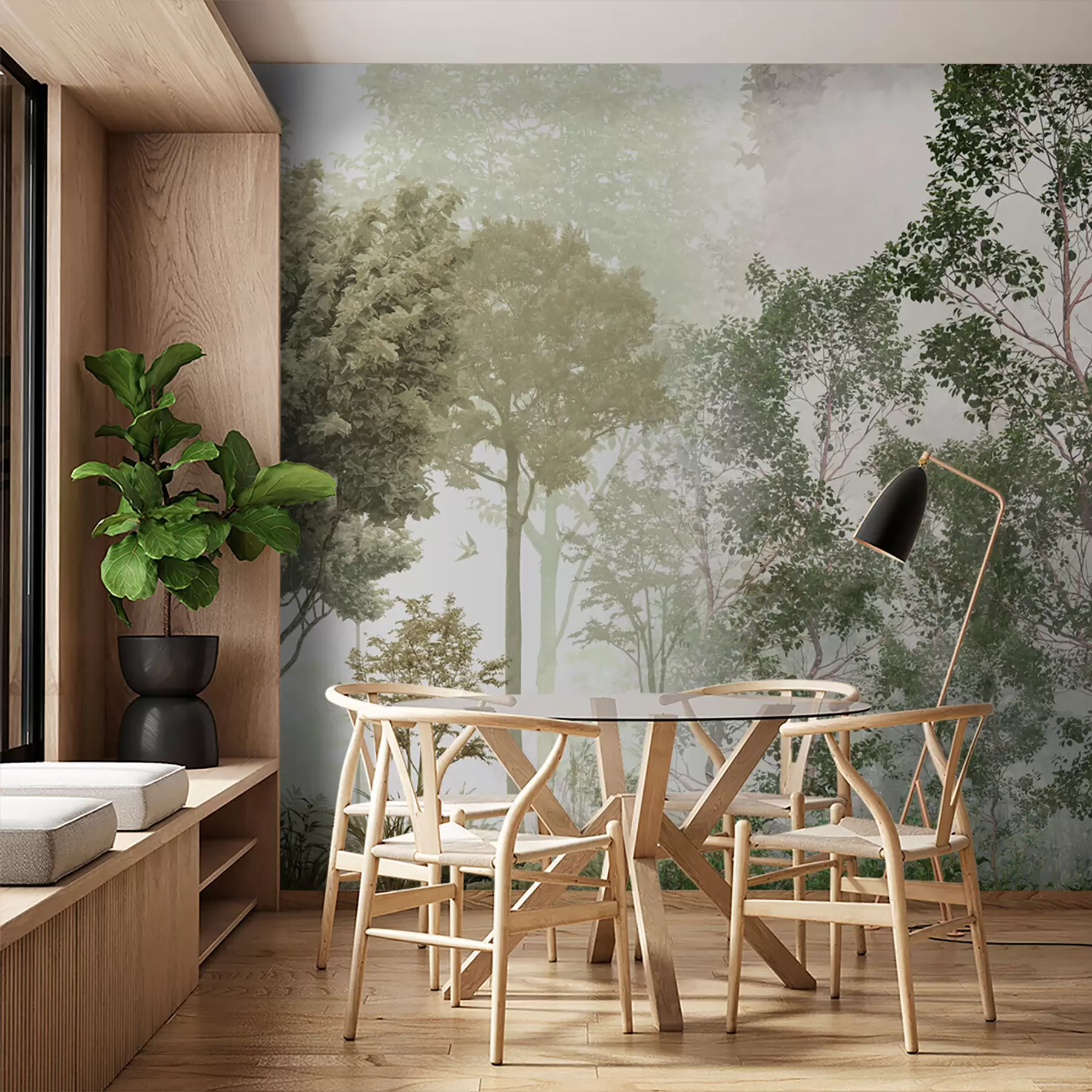 Papier peint Arbres tropicaux et feuilles dans une forêt brumeuse u97402
