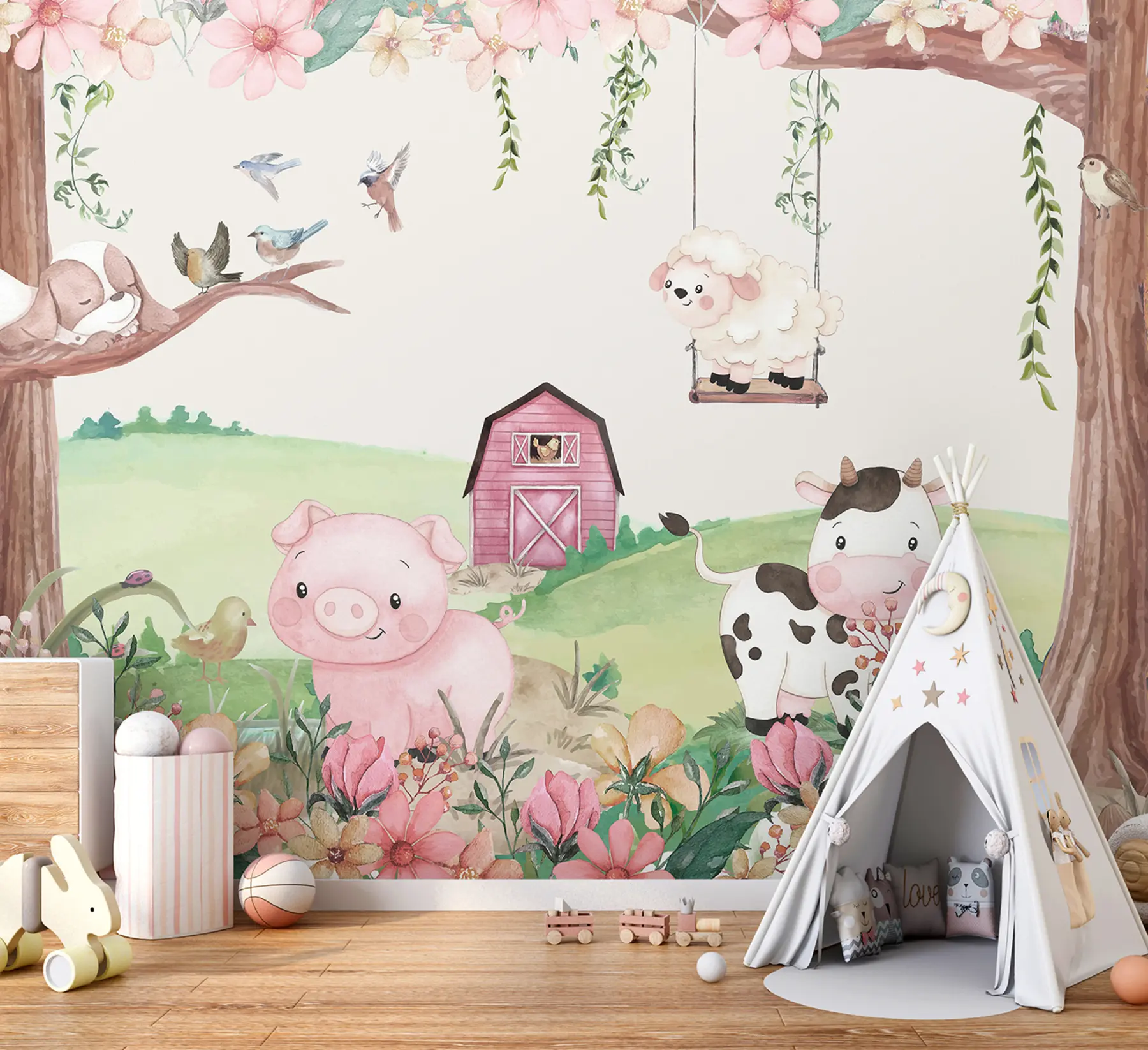 Papier peint Paysage de ferme avec des animaux u97370