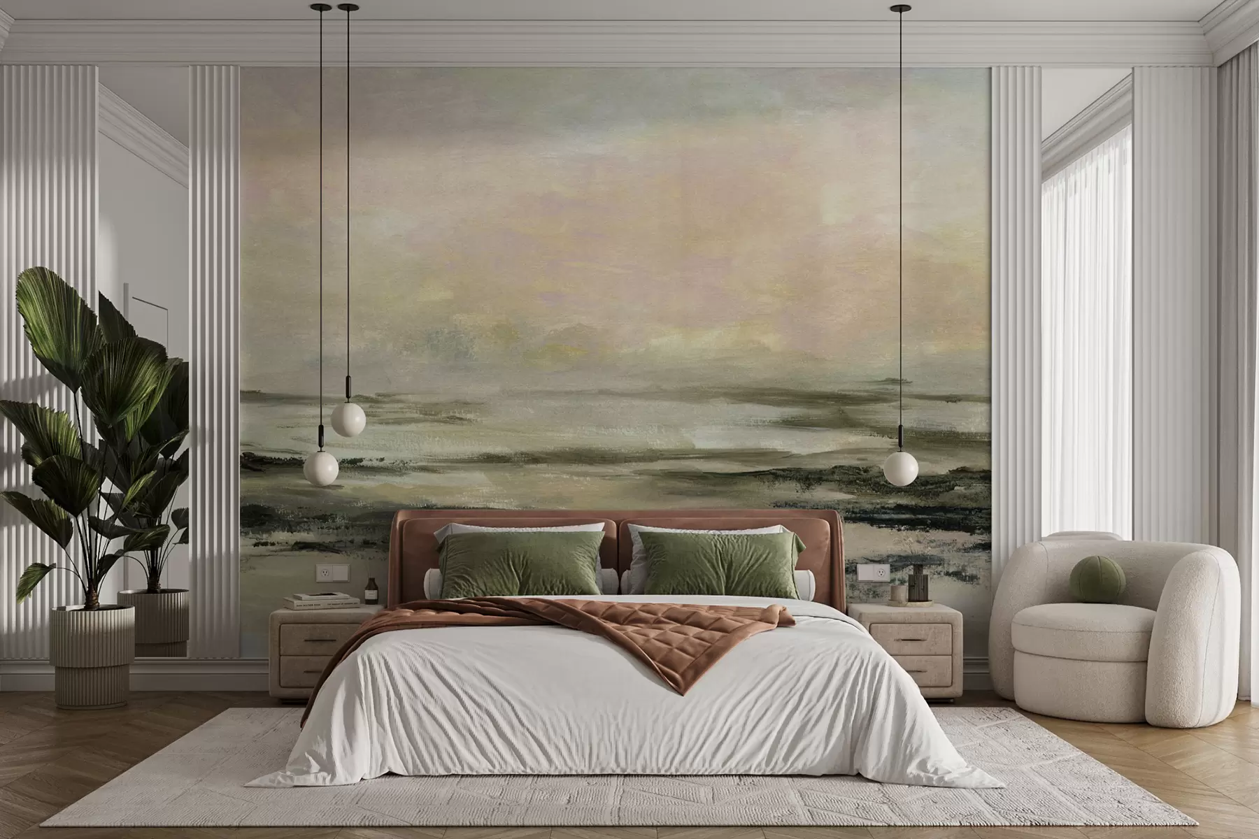 Papier peint Coucher de soleil sur une plage tropicale, minimalisme et loft élégants u97451