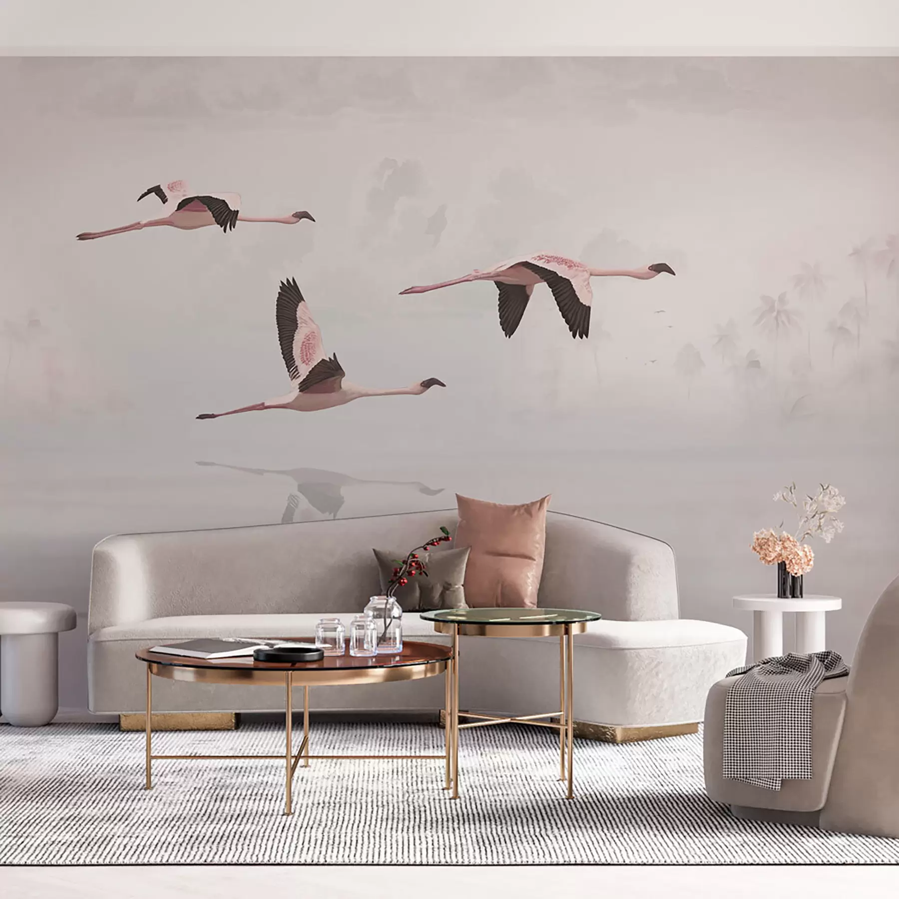 Tableau Flamants roses au-dessus de la plage et de la mer de la jungle tropicale u97457