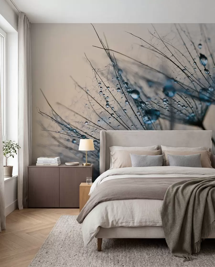 Papier peint Pissenlits avec gouttes d'eau bleues u57557v1
