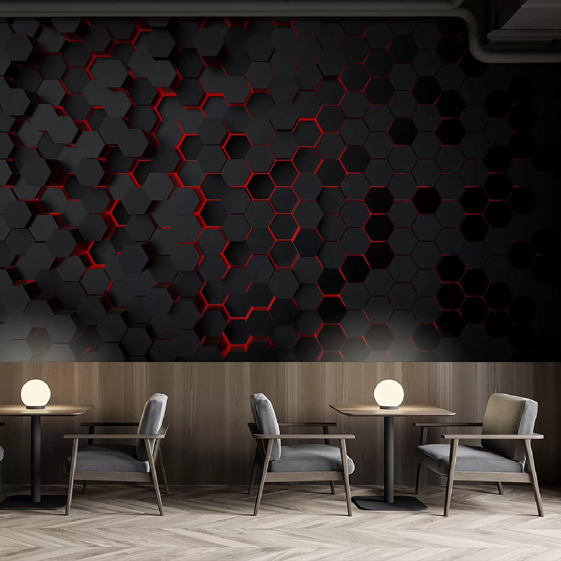Papier peint Hexagones noirs et lueur rouge u93618v2