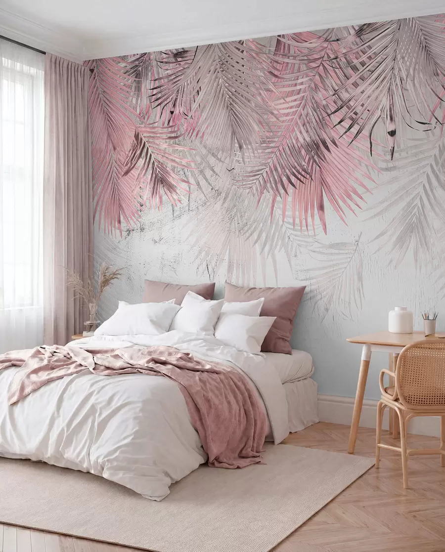 Papier peint Feuilles tropicales roses dans un style grunge u93843v2