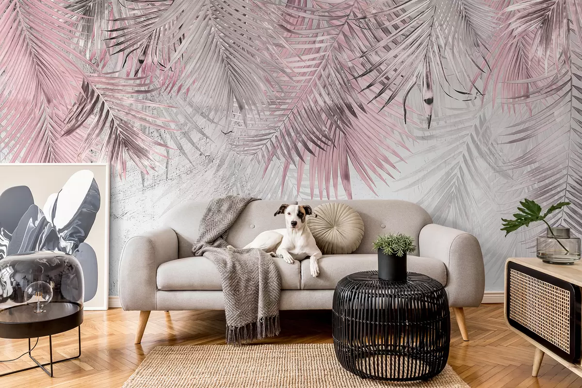 Papier peint Feuilles tropicales roses dans un style grunge u93843v2