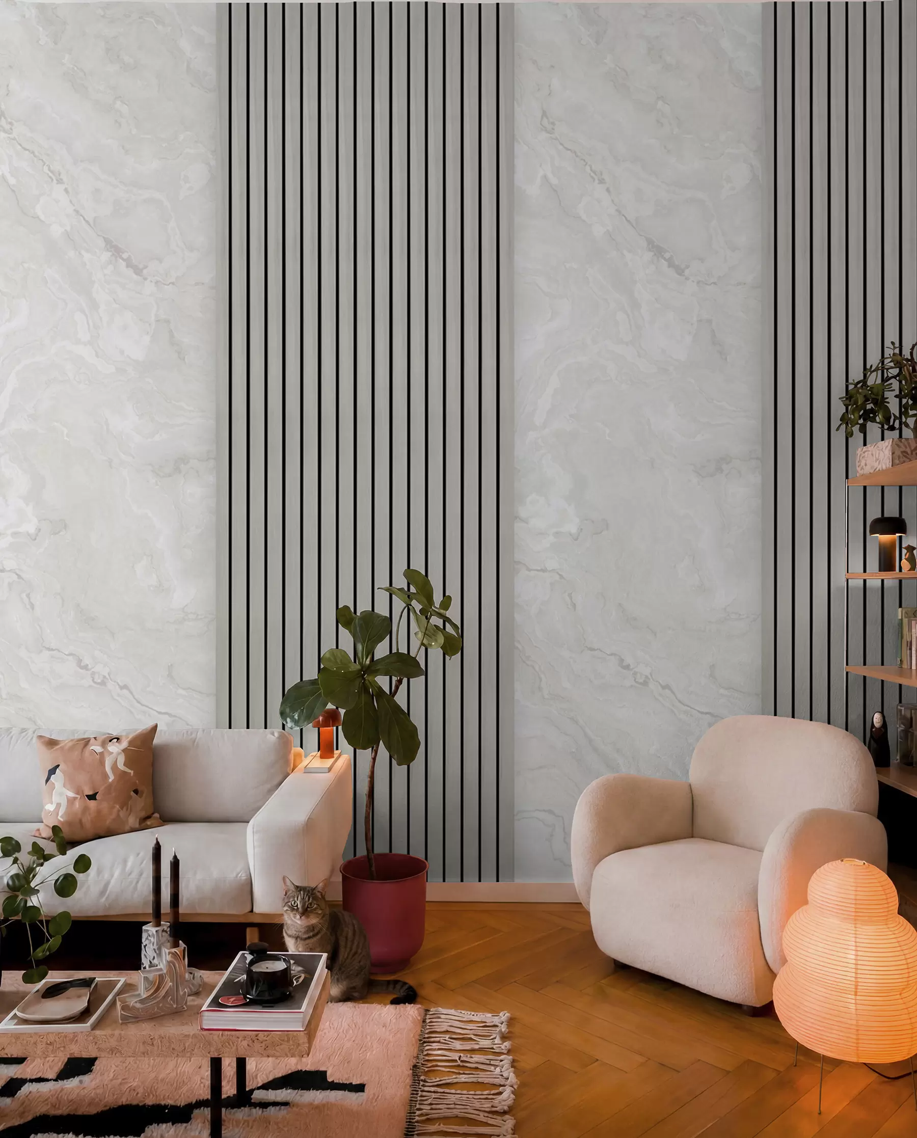 Papier peint Lamelles en bois avec marbre u97465