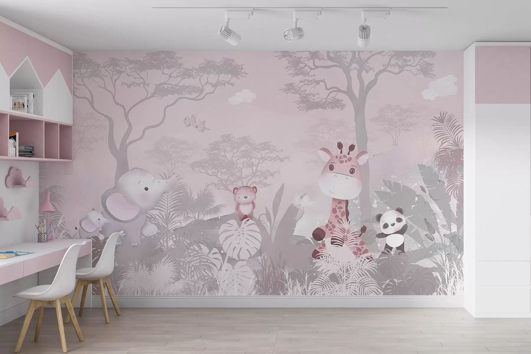 Papier peint Mignons petits animaux de la savane aux couleurs roses u73878v3