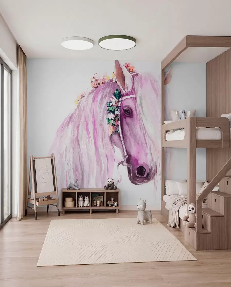 Papier peint Cheval bleu avec des fleurs dans une crinière aux couleurs violettes u93591v1