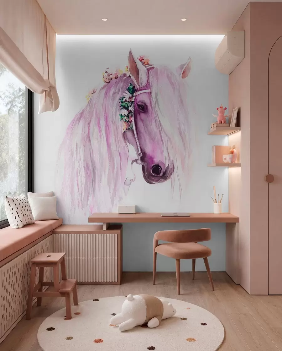 Papier peint Cheval bleu avec des fleurs dans une crinière aux couleurs violettes u93591v1