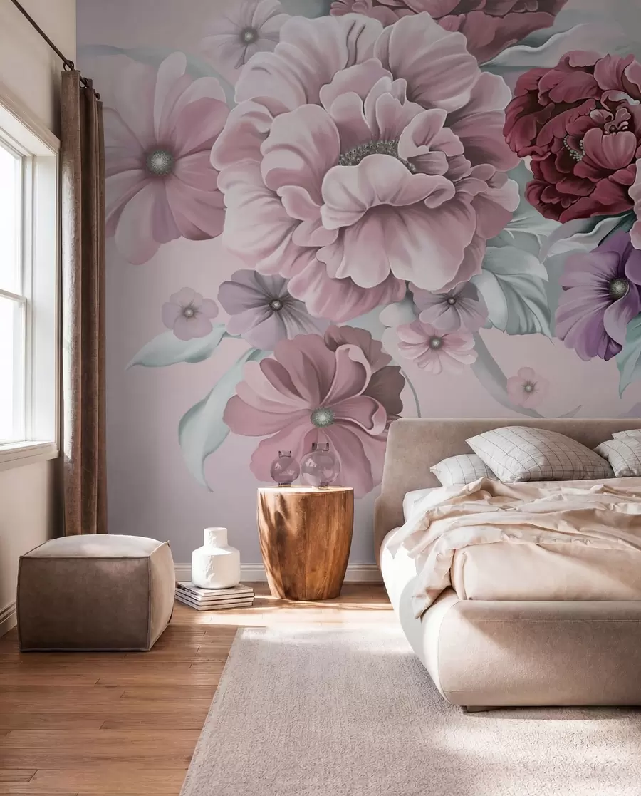 Papier peint Fleurs bleues délicates dans des couleurs roses u59900v1