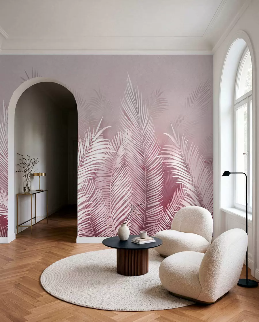 Papier peint Palmiers blancs sur fond de granzh rose. en couleurs roses u74601v2