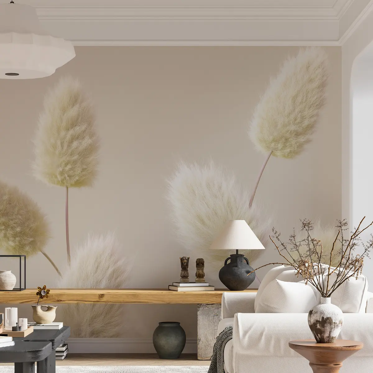 Papier peint Fleurs séchées beige tendance dans un style boho u98432v1