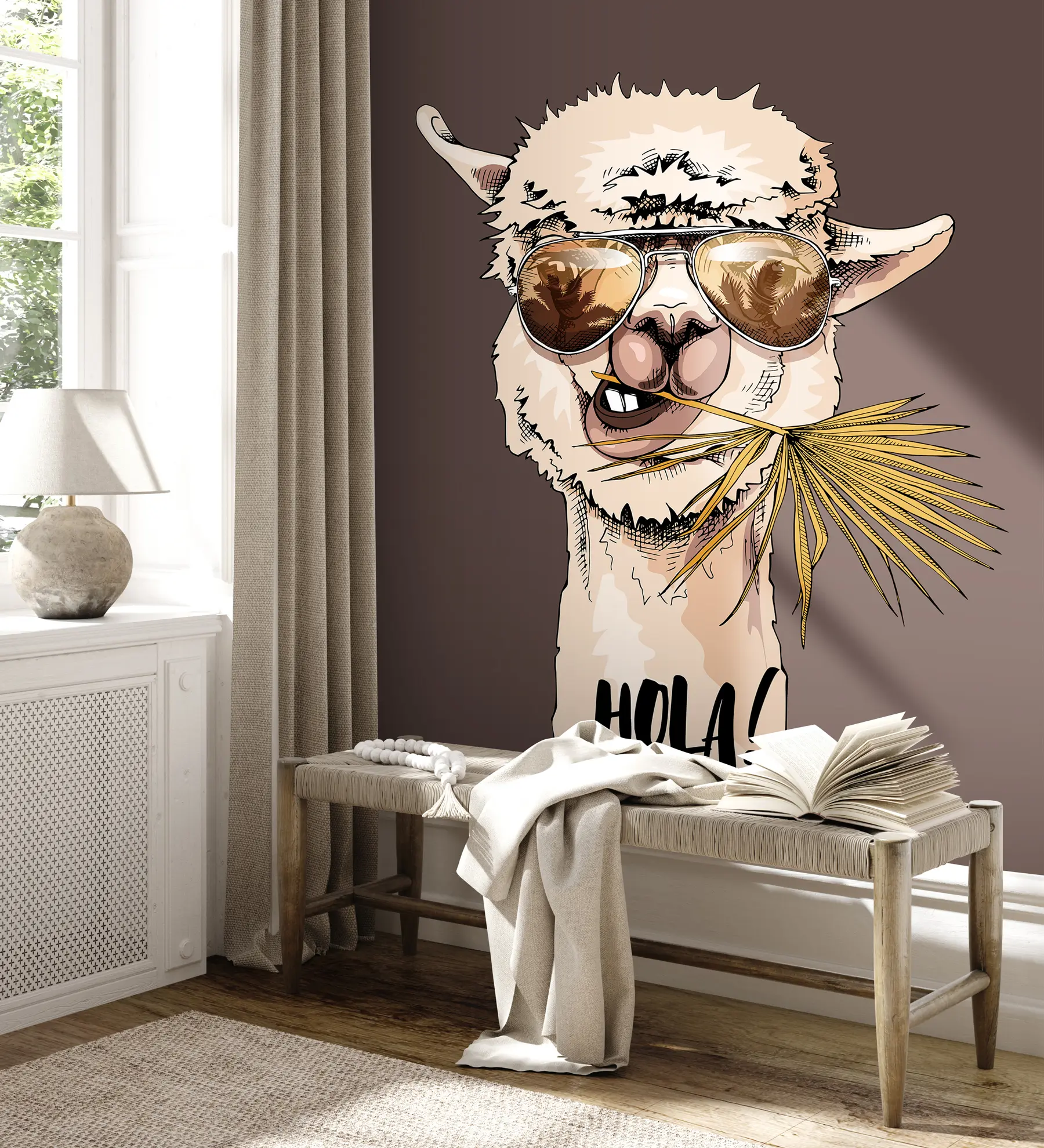 Papier peint Portrait d'un lama portant des lunettes de soleil avec un éventail de feuilles de palmier u98177