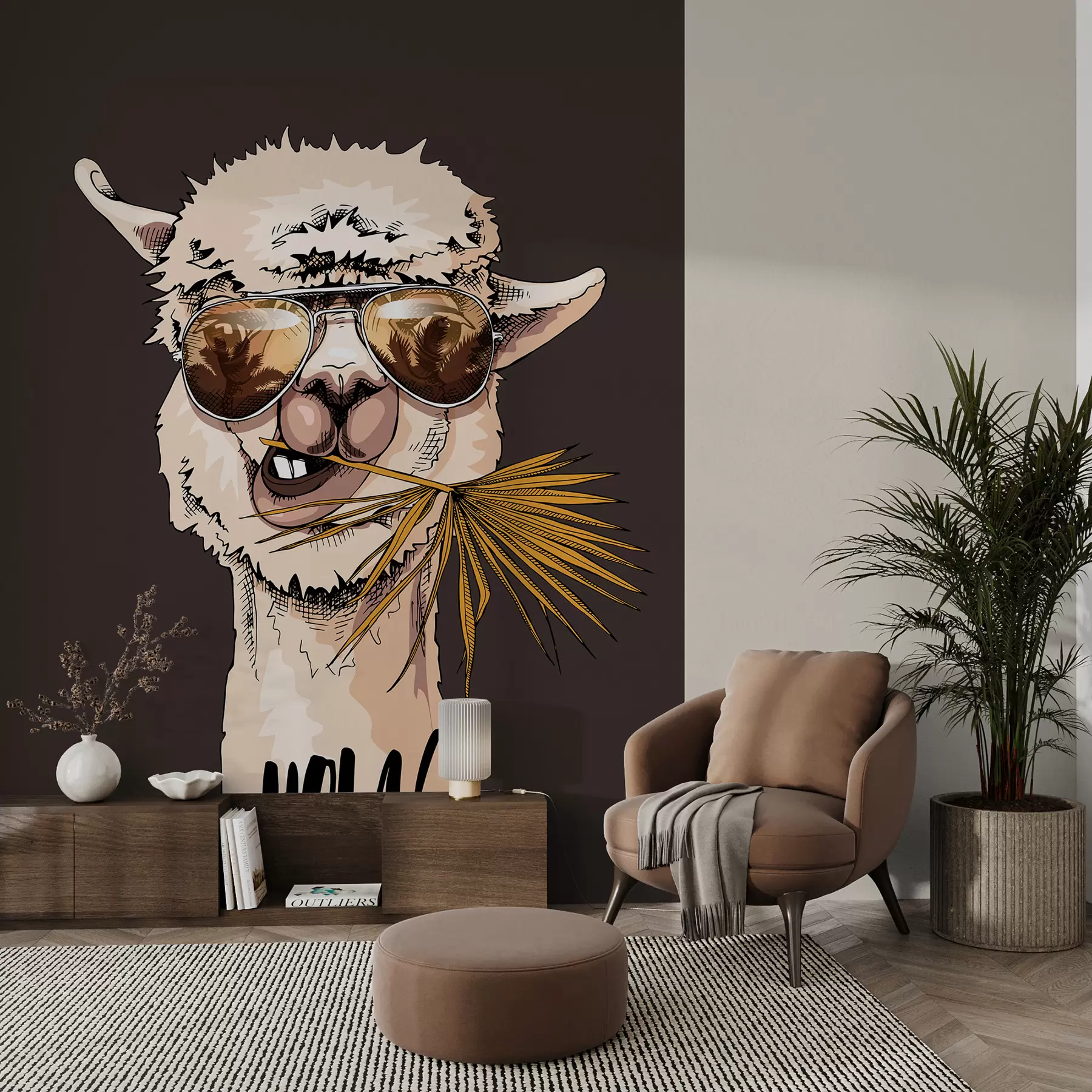 Papier peint Portrait d'un lama portant des lunettes de soleil avec un éventail de feuilles de palmier u98177v2