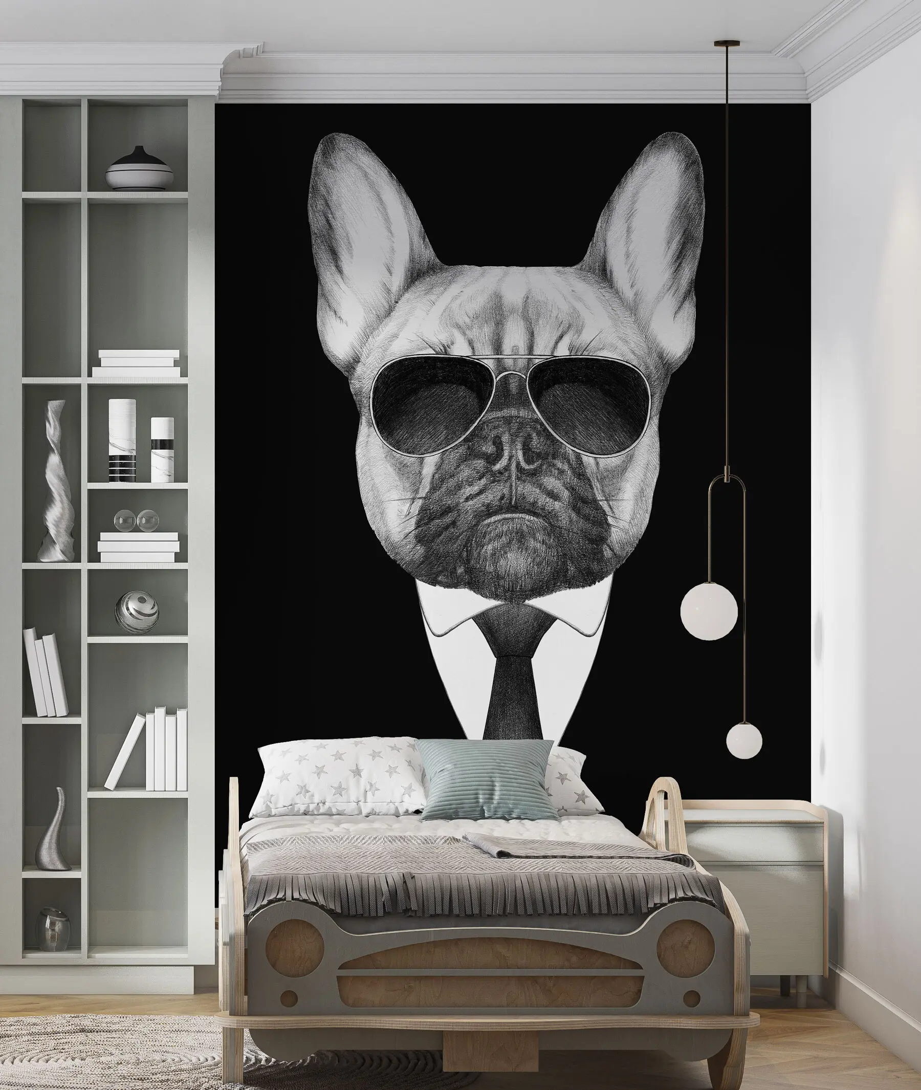 Papier peint Portrait d'un bouledogue français en costume et lunettes de soleil u98183
