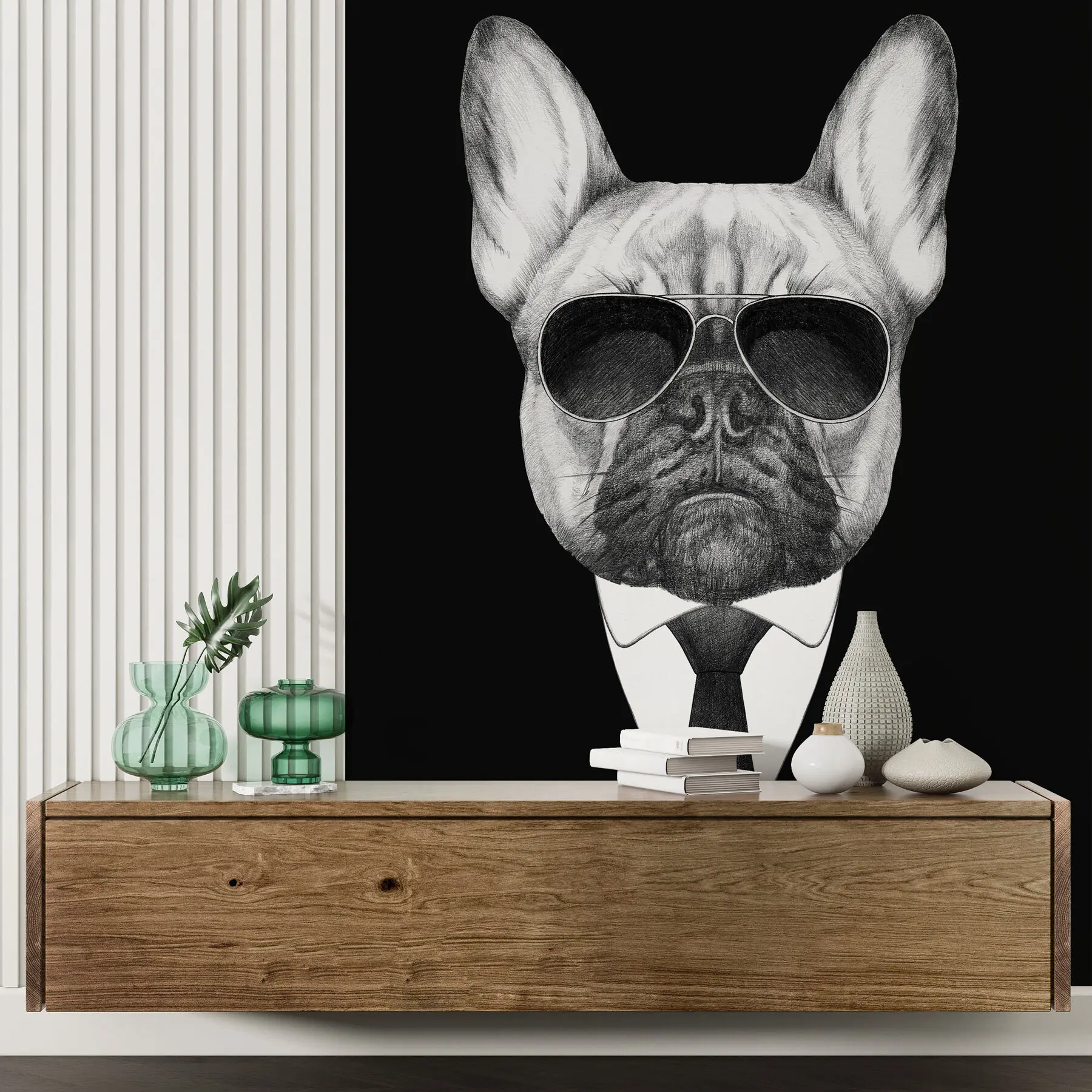 Papier peint Portrait d'un bouledogue français en costume et lunettes de soleil u98183
